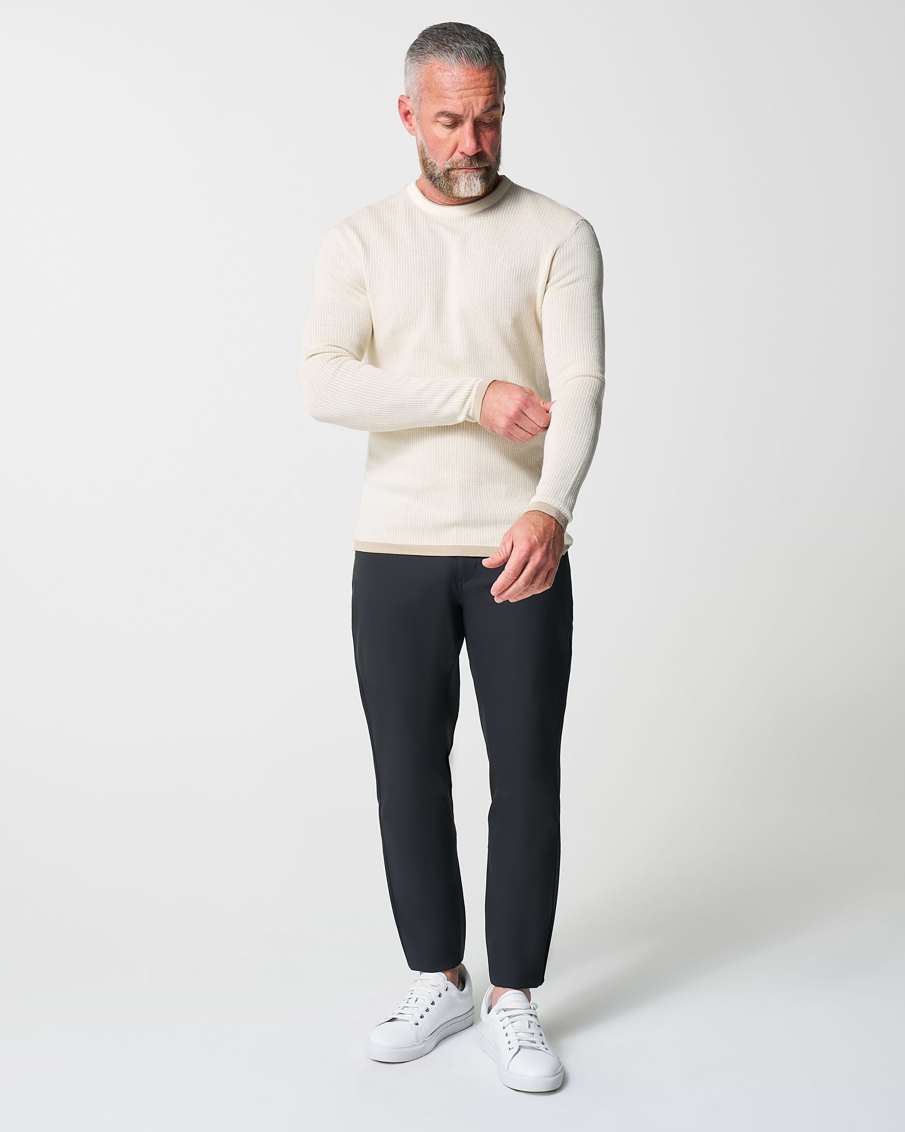 Lightweight Ribbed Knit Crewneck Sweater - Tan & Beige