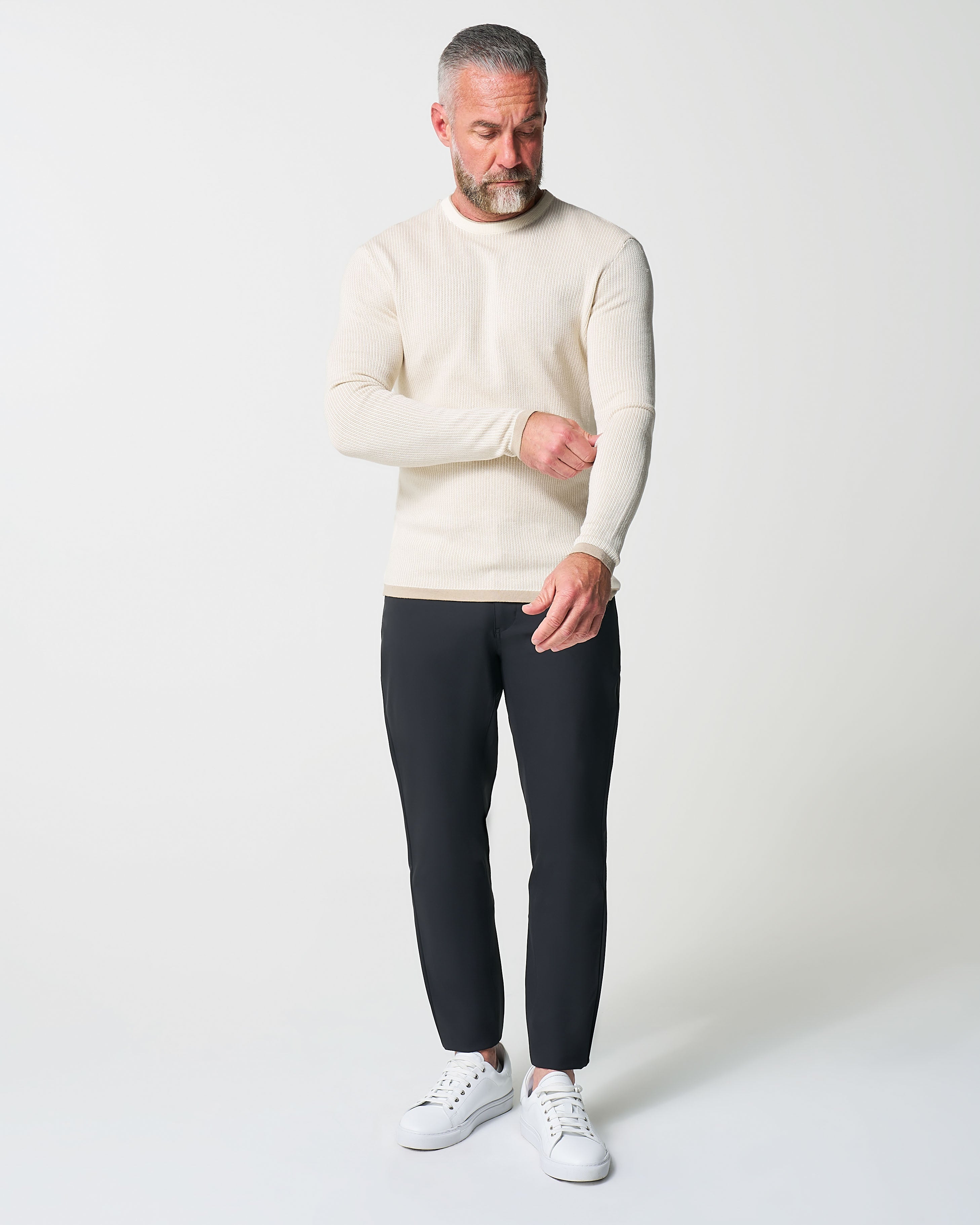 Lightweight Ribbed Knit Crewneck Sweater - Tan & Beige