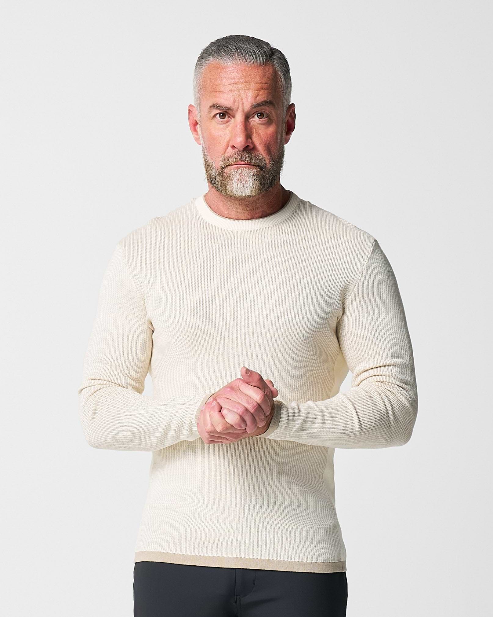 Lightweight Ribbed Knit Crewneck Sweater - Tan & Beige