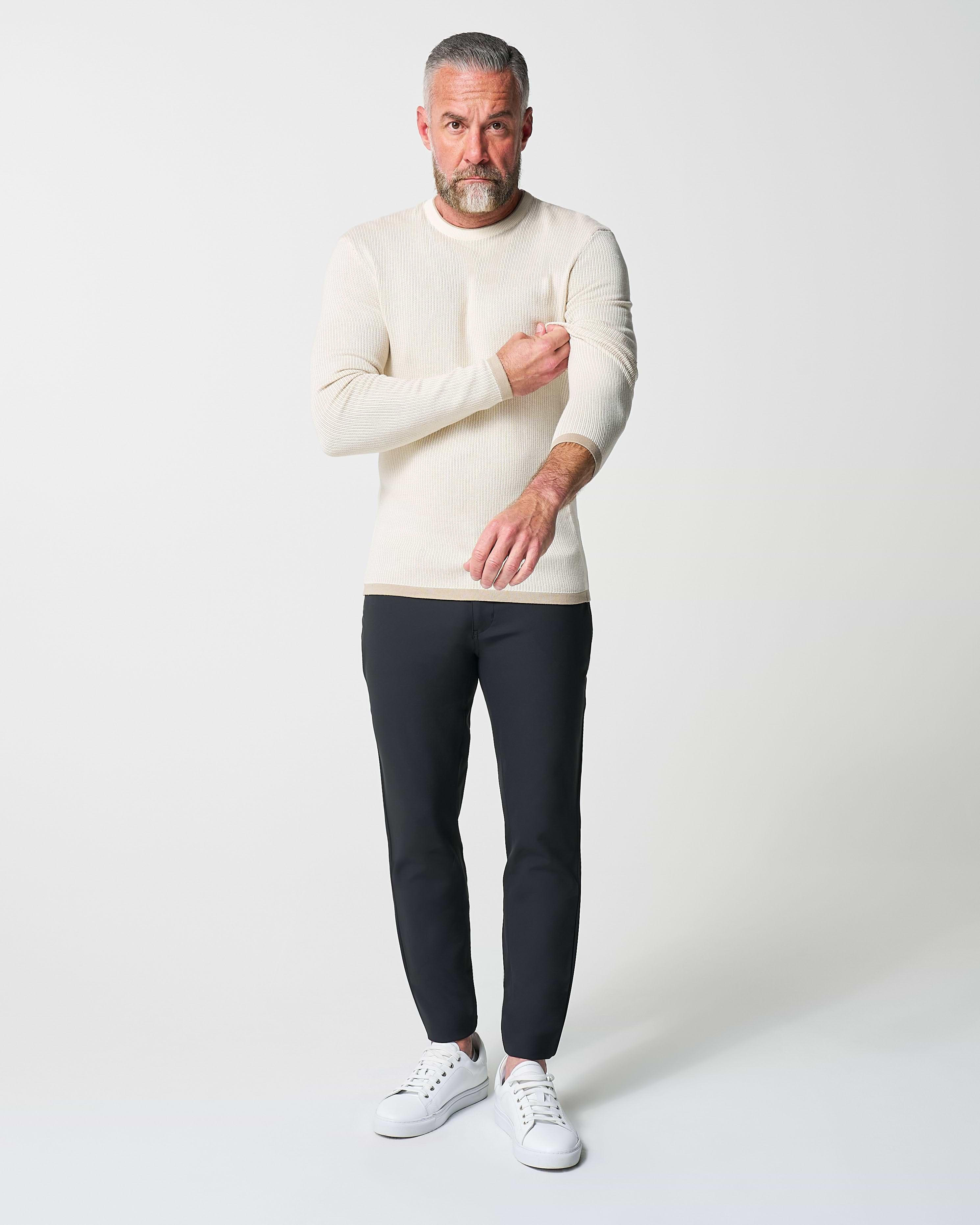 Lightweight Ribbed Knit Crewneck Sweater - Tan & Beige