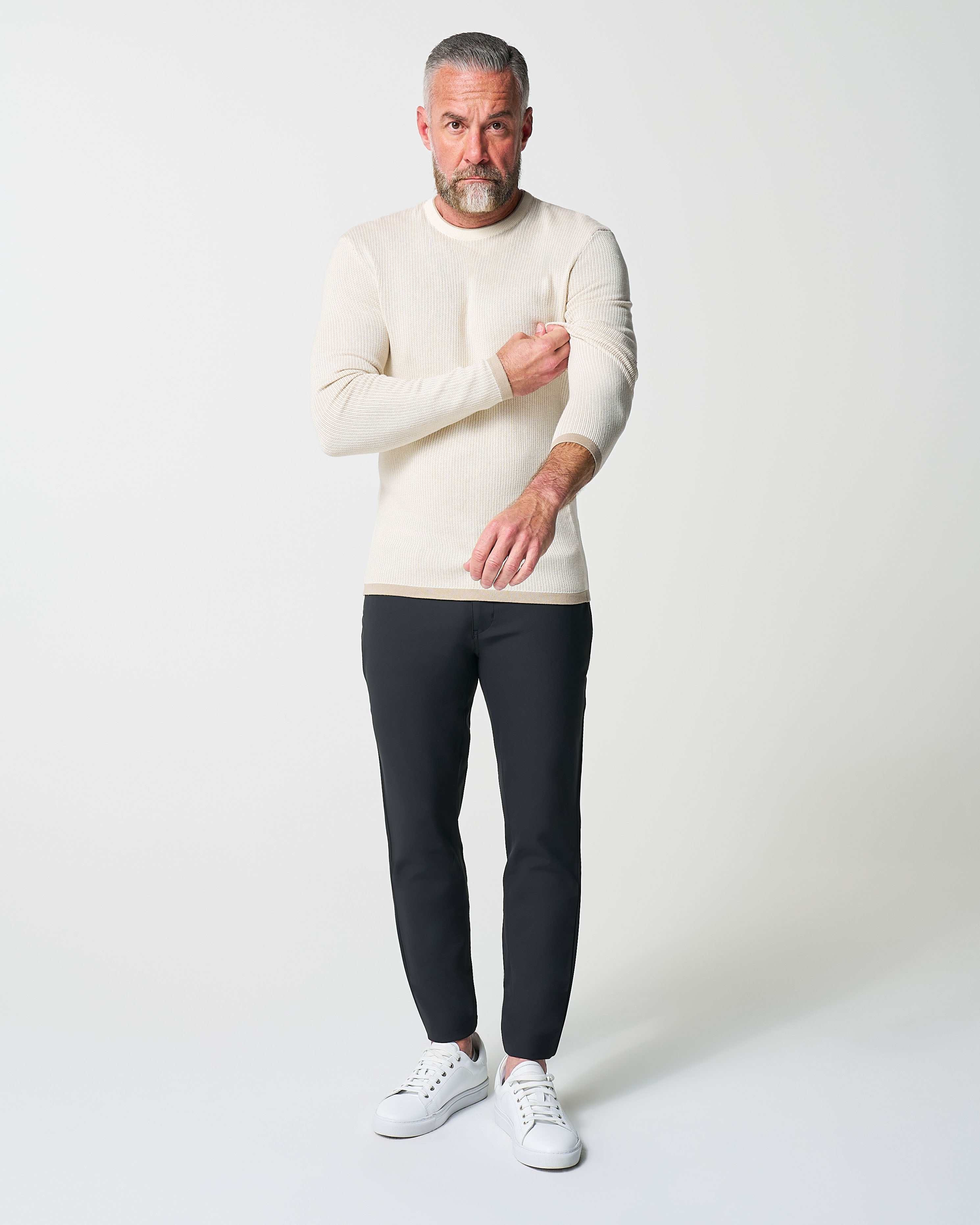 Lightweight Ribbed Knit Crewneck Sweater - Tan & Beige