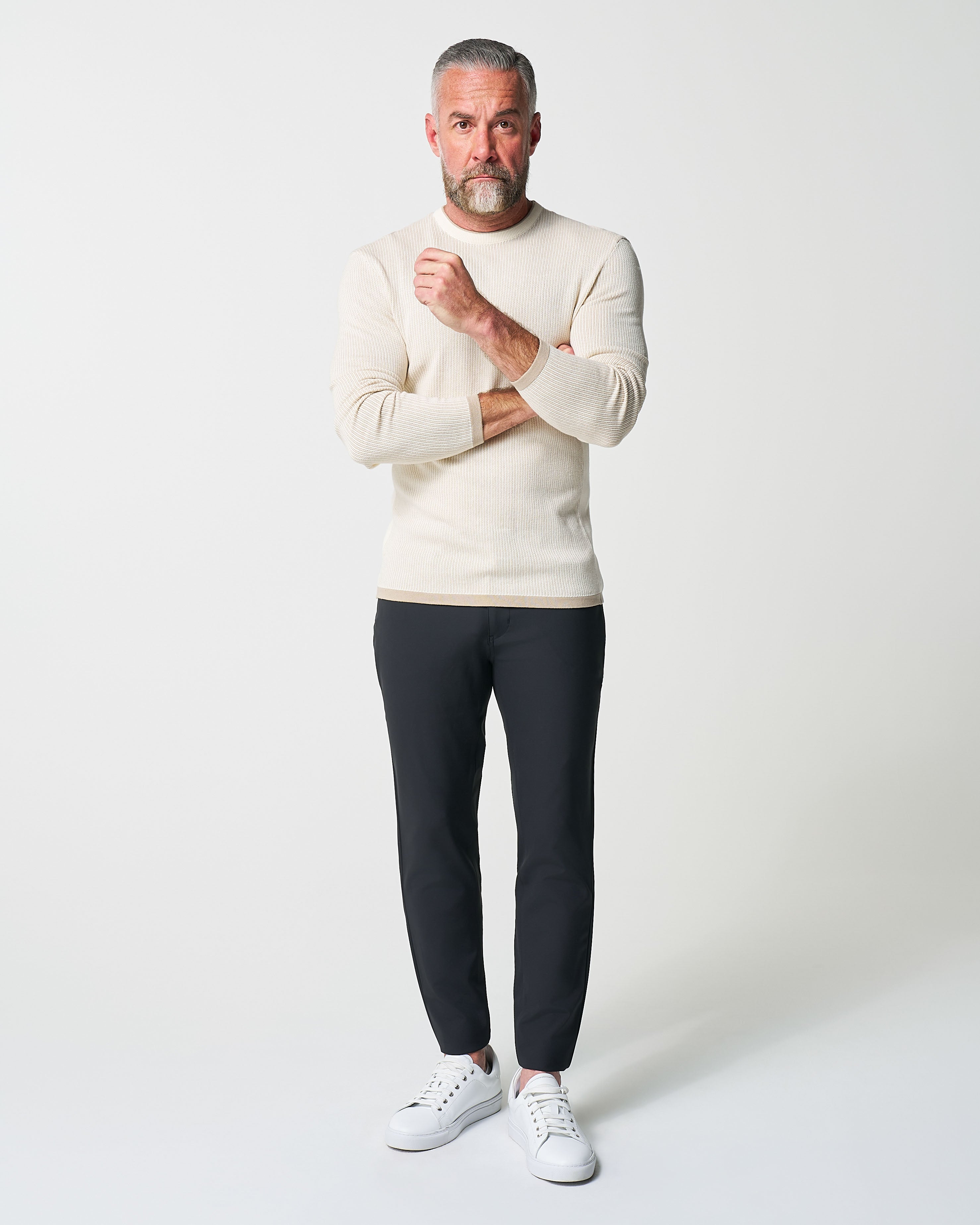 Lightweight Ribbed Knit Crewneck Sweater - Tan & Beige