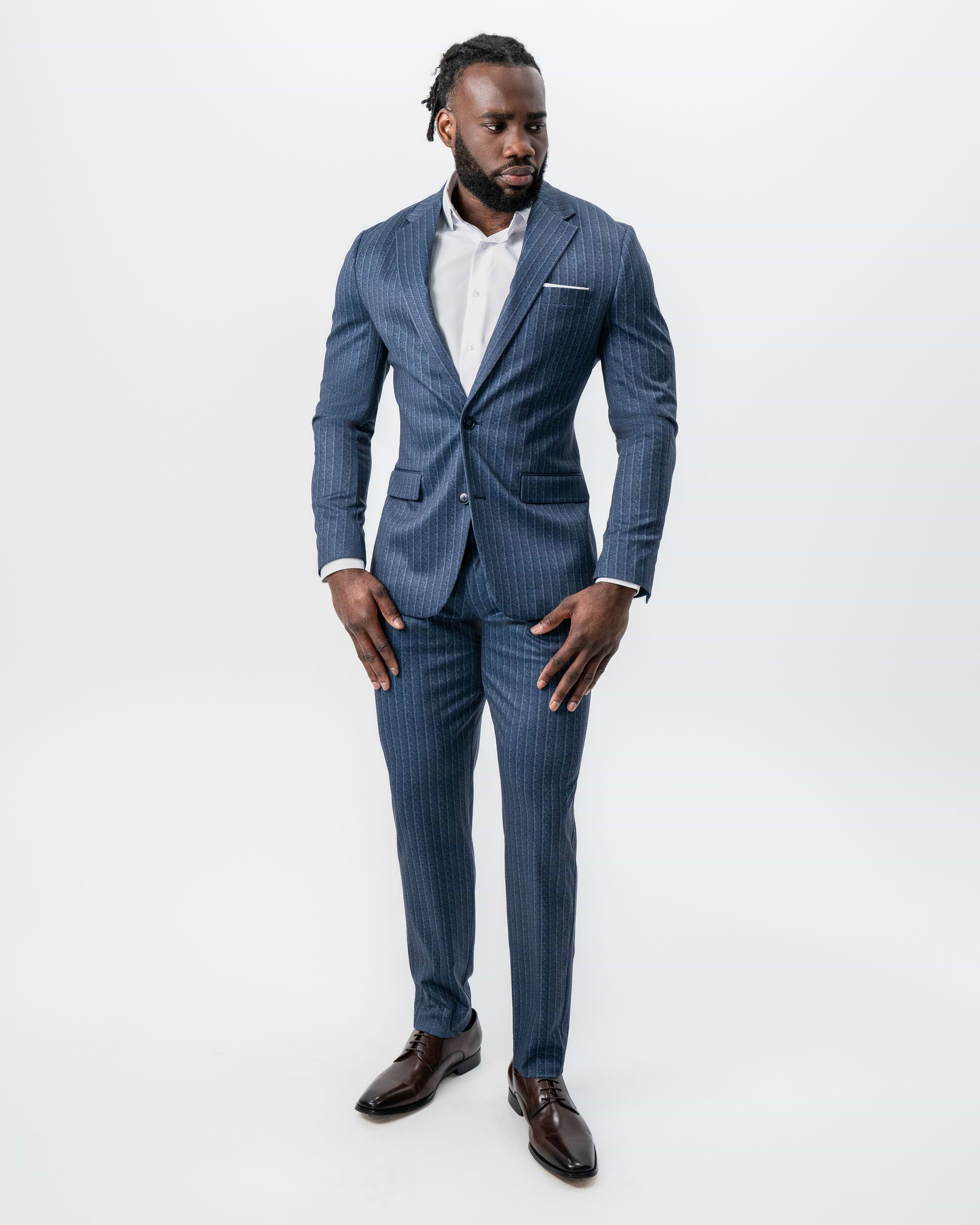 Athletic Fit Stretch Suit - Textured Navy Chalk Stripe