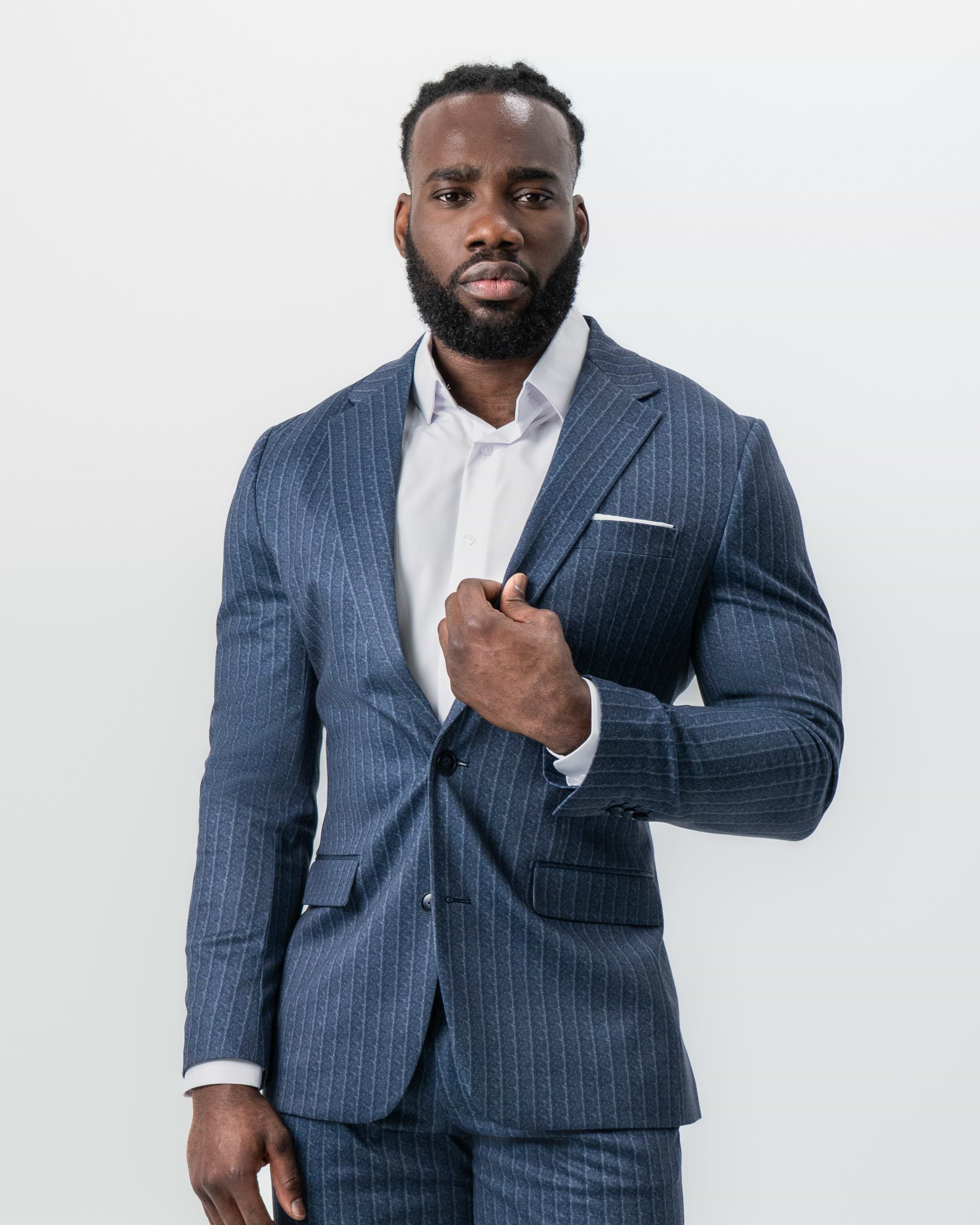 Athletic Fit Stretch Suit - Textured Navy Chalk Stripe
