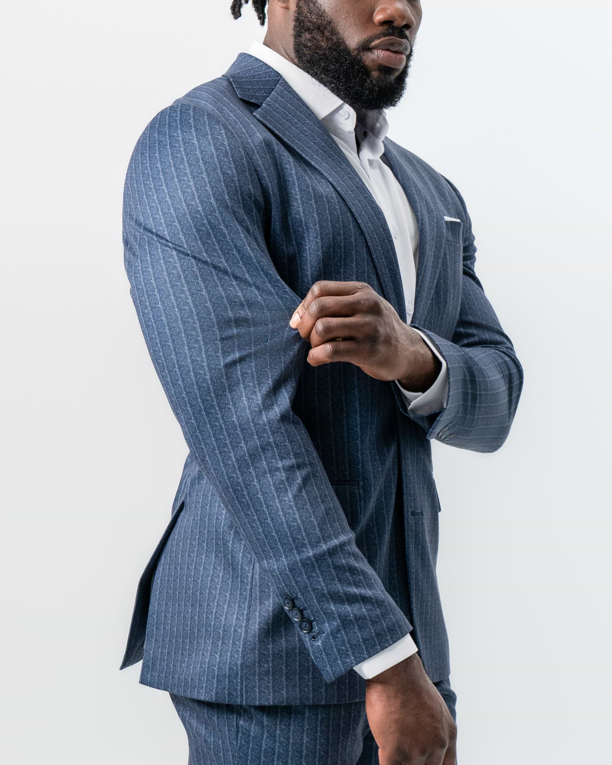 Athletic Fit Stretch Suit - Textured Navy Chalk Stripe