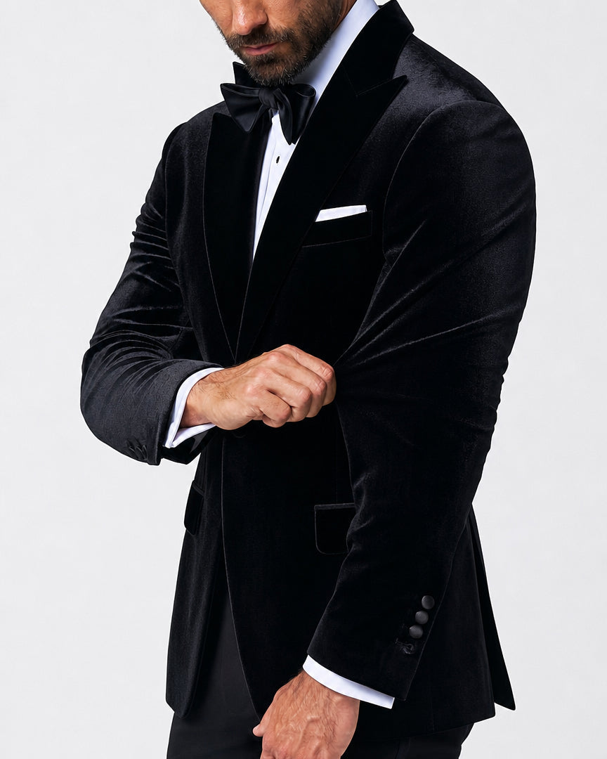 Tuxedo Jacket - Black Velvet with Peak Lapel