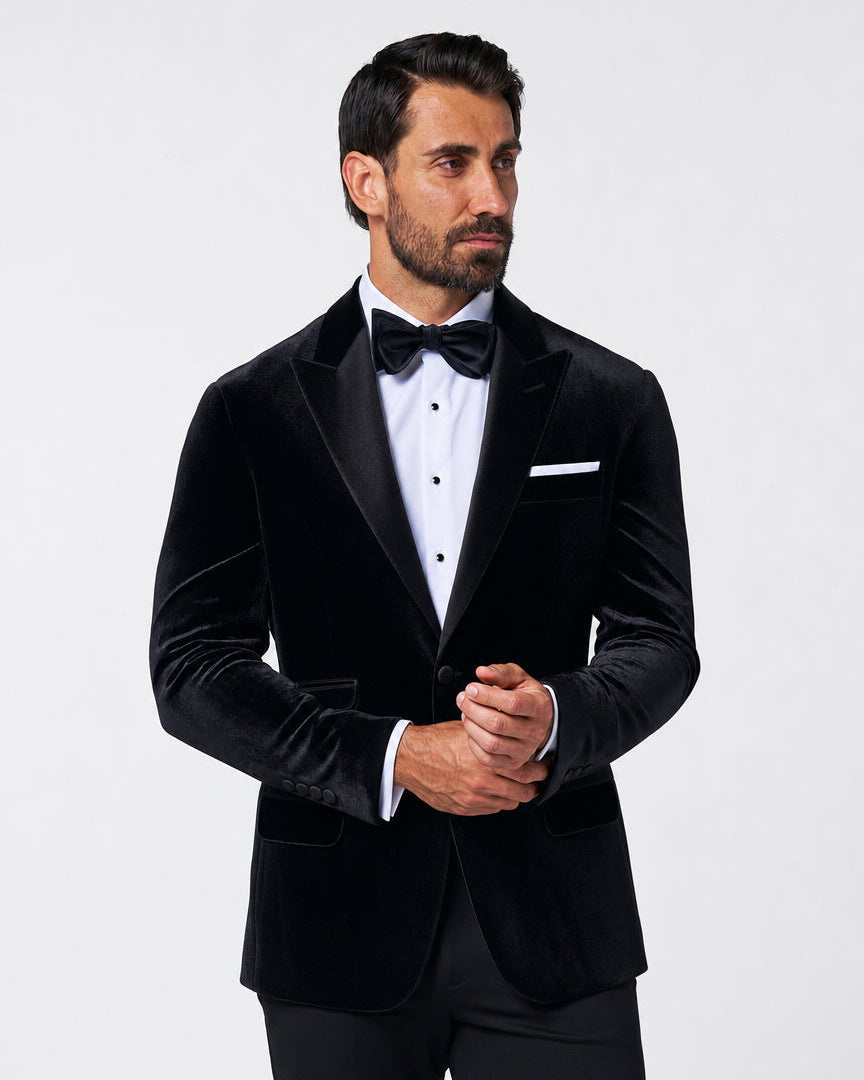 Tuxedo Jacket - Black Velvet with Peak Lapel