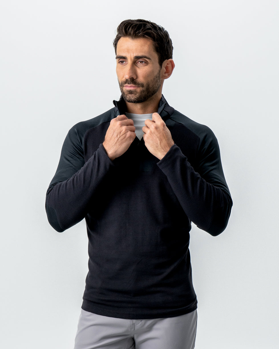 トップス C.E SIDE MESH LOOSE WAFFLE KNIT M 22SS Waffle Knit Quarter Zip - Solid Black
