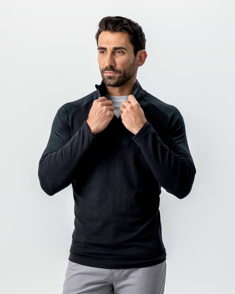 Waffle Knit Quarter Zip - Solid Black