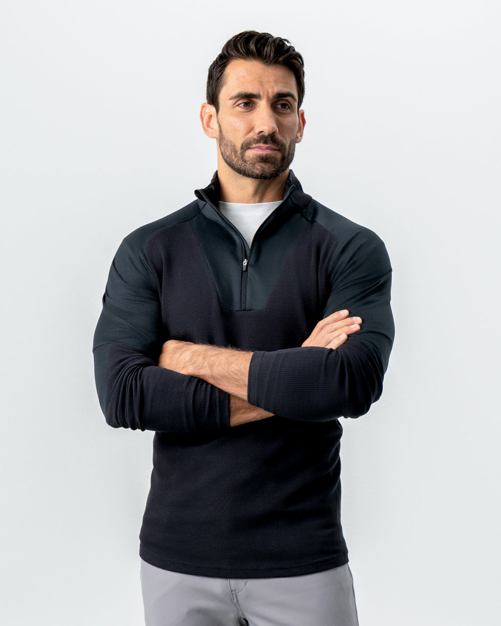 Waffle Knit Quarter Zip - Solid Black