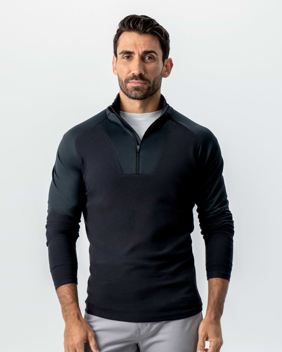 Waffle Knit Quarter Zip - Solid Black