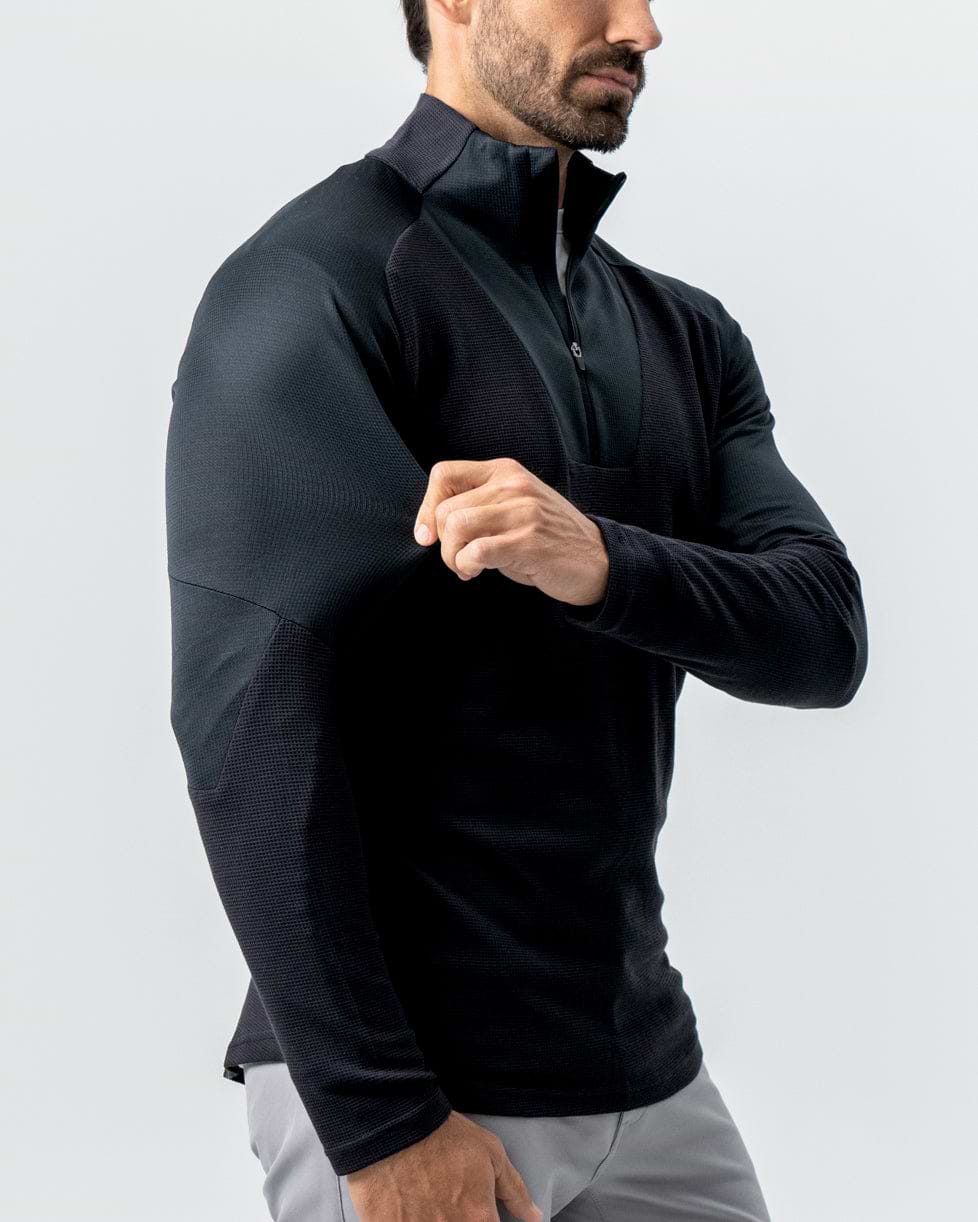 Waffle Knit Quarter Zip - Solid Black