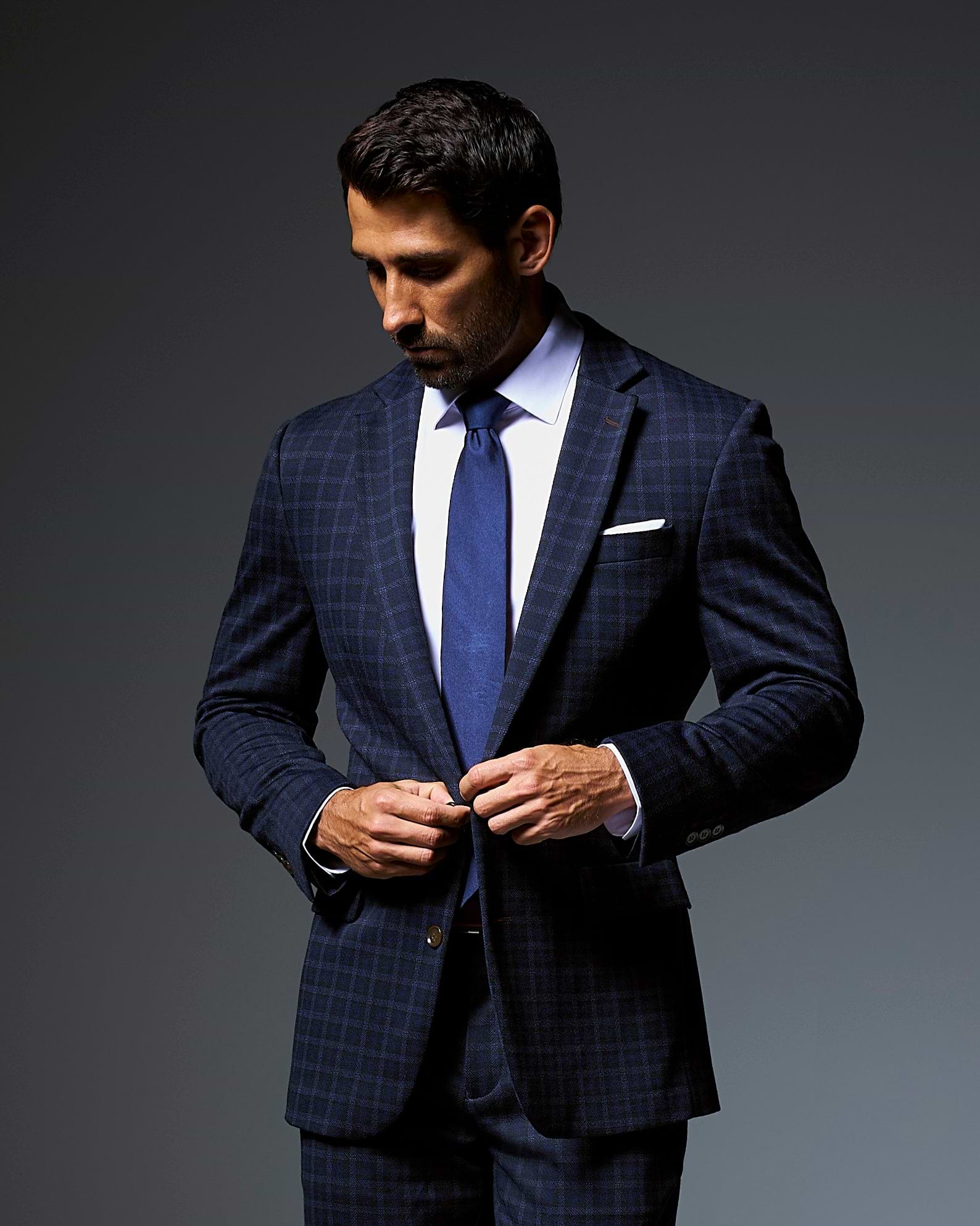 Athletic Fit Stretch Wool Suit - Blue Plaid