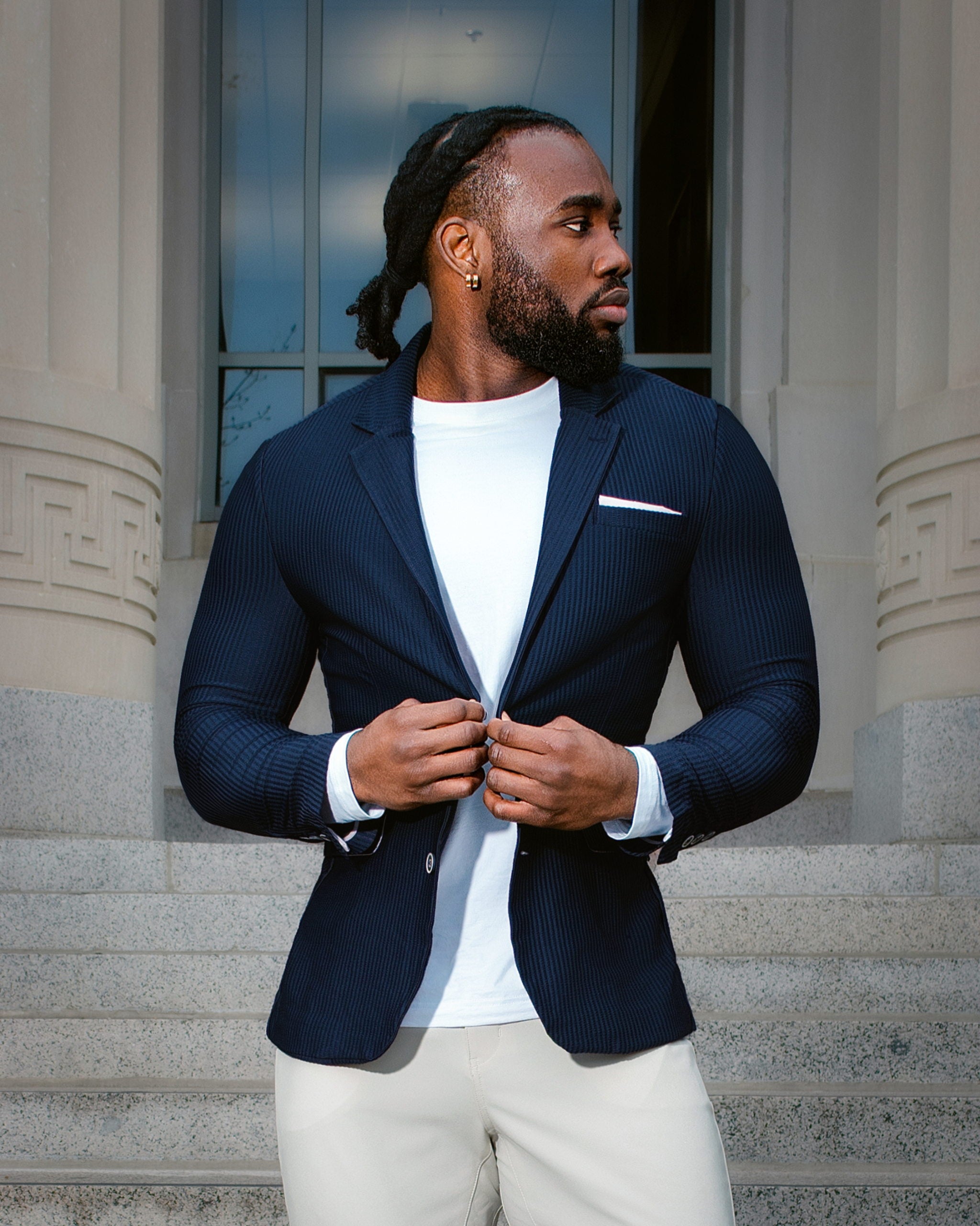 Athletic Fit Stretch Blazer - Navy Seersucker