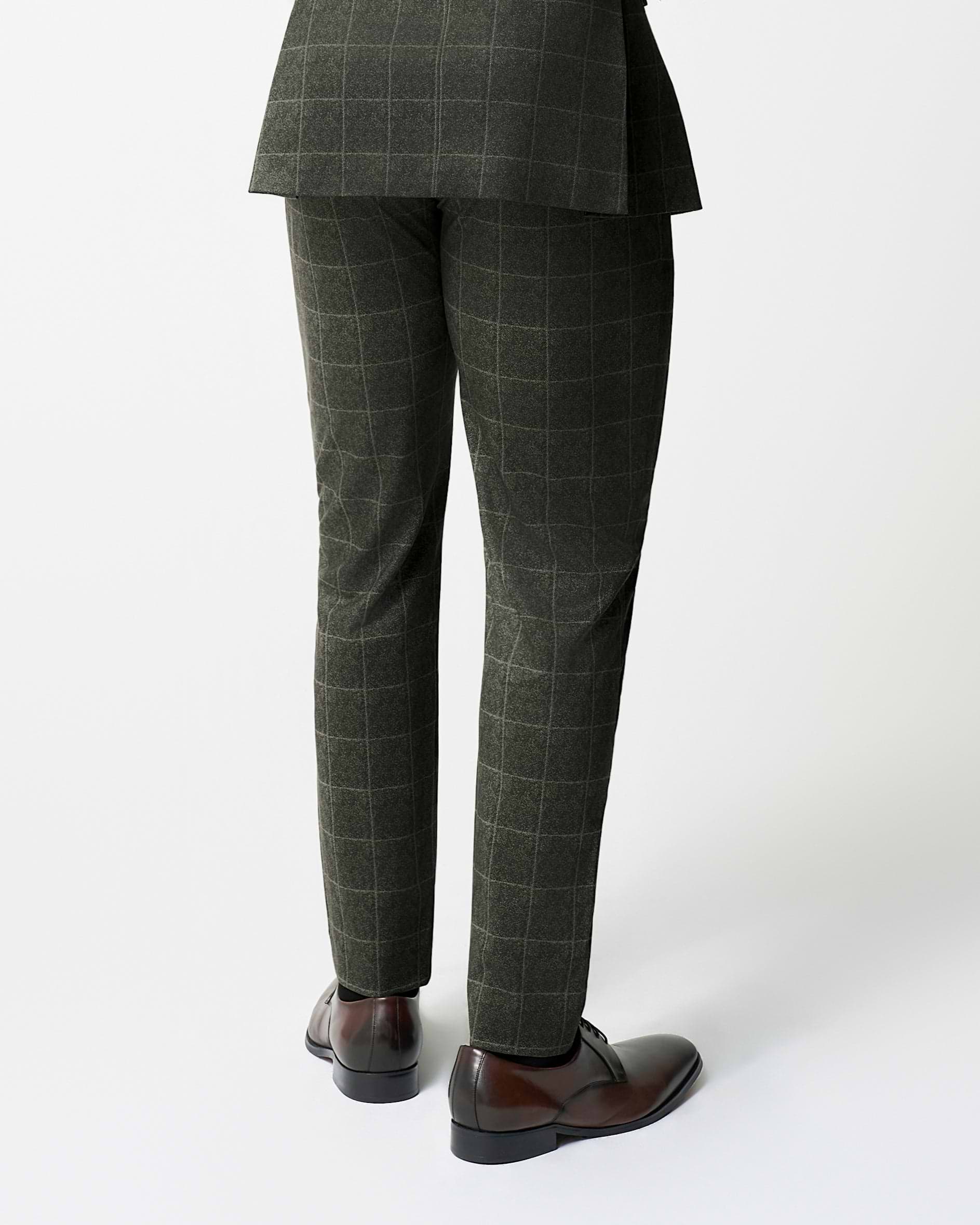 Athletic Fit Stretch Suit Pants - Olive with White Windowpane