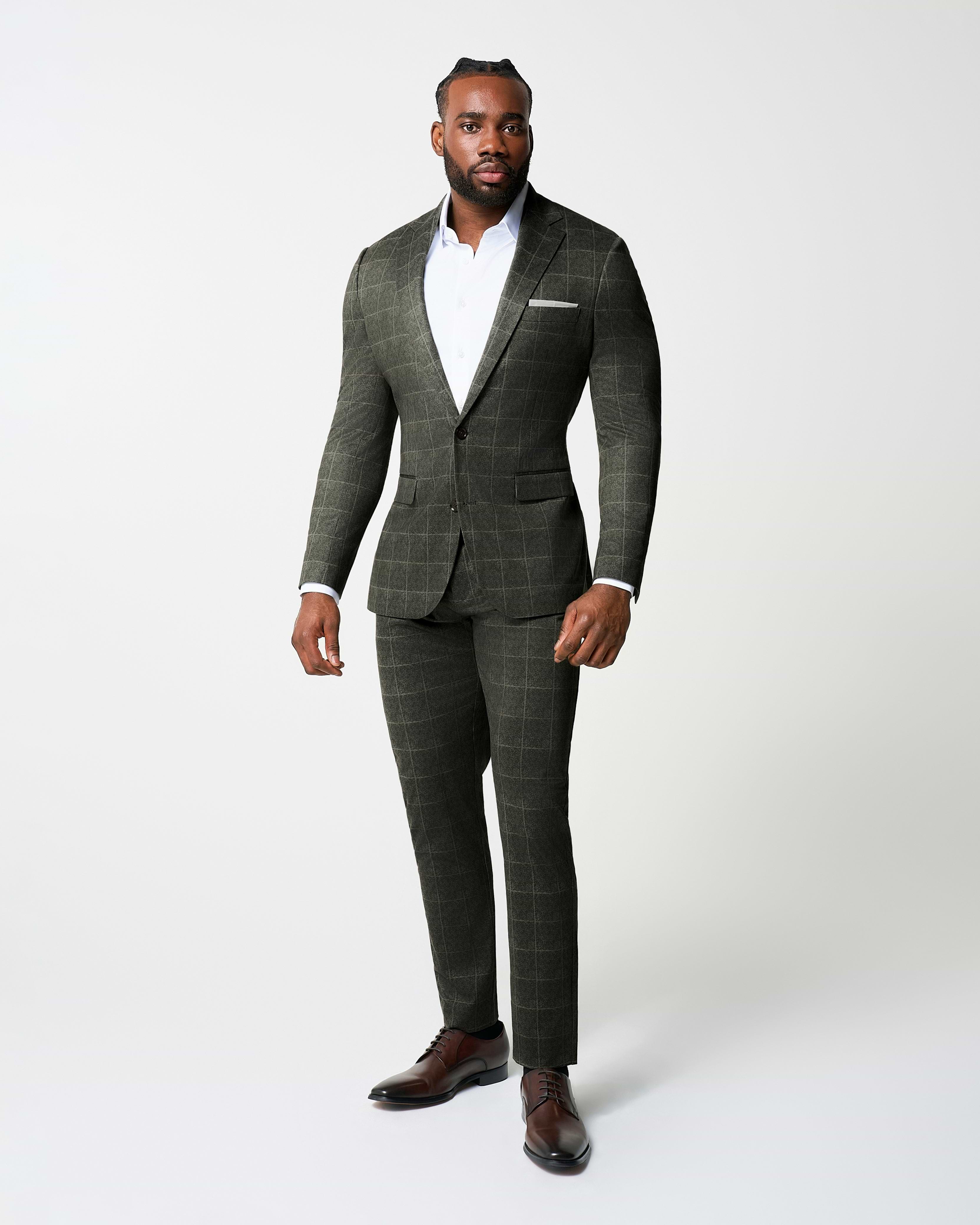 Athletic Fit Stretch Suit Pants - Olive with White Windowpane