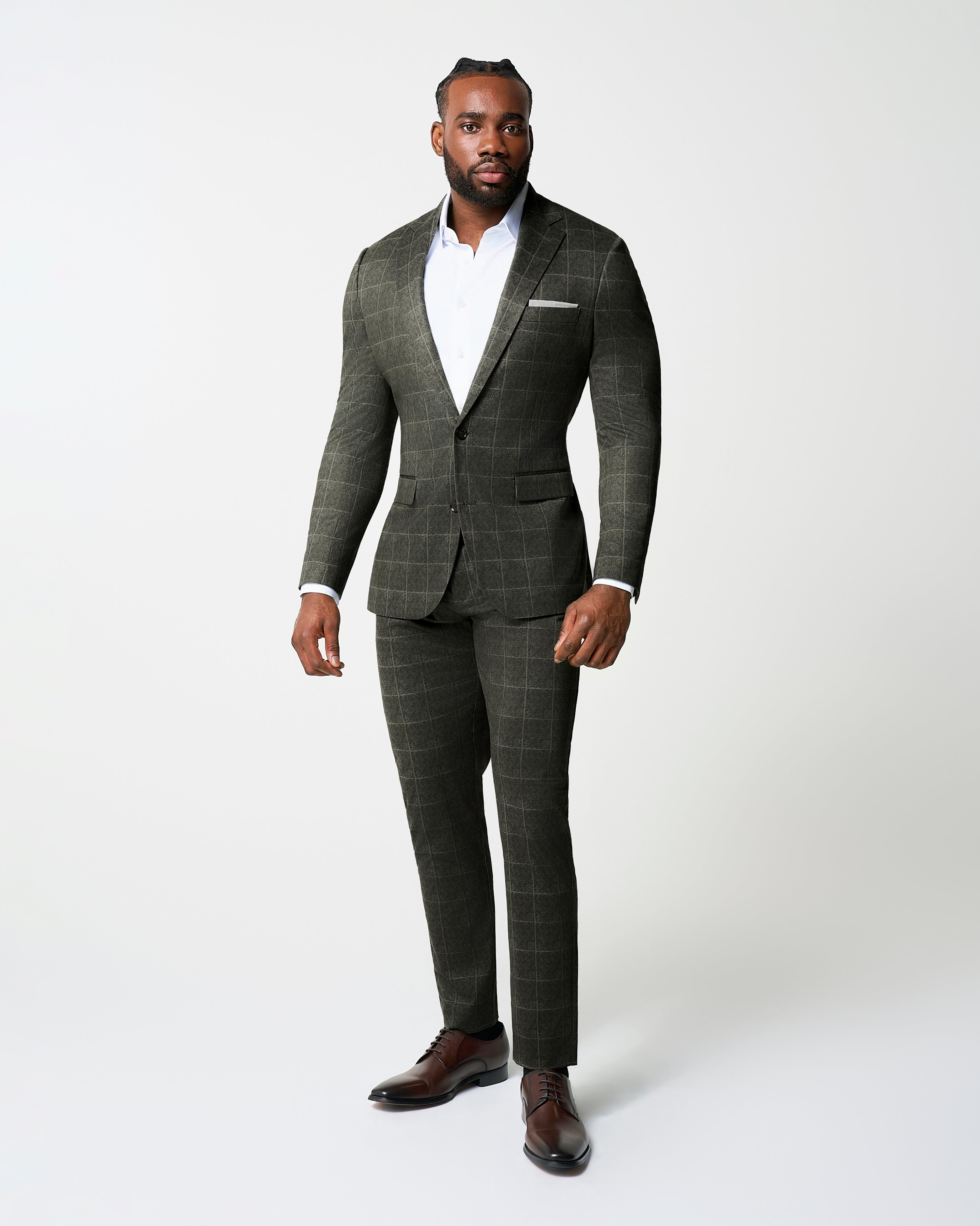 Athletic Fit Stretch Suit Pants - Olive with White Windowpane