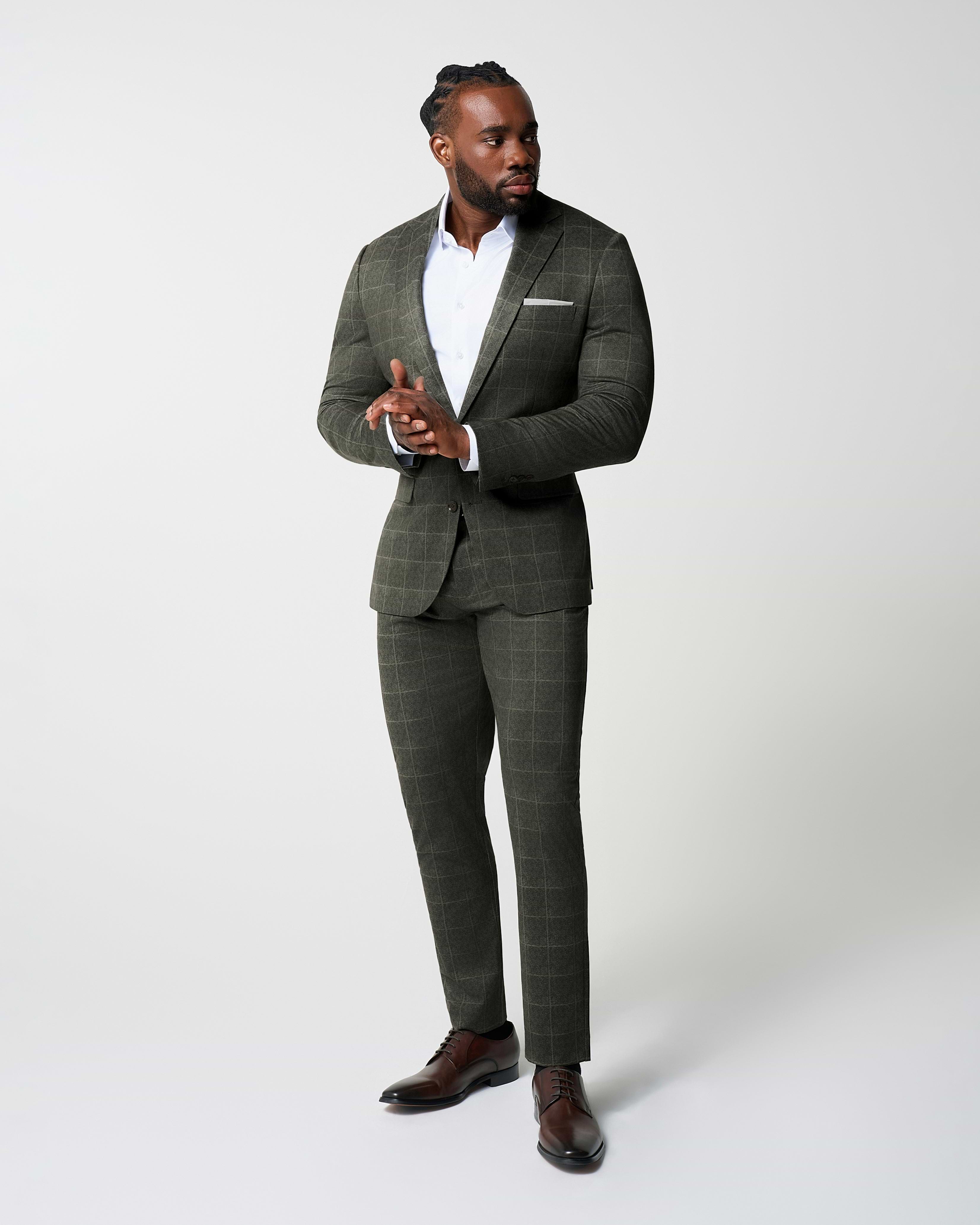 Athletic Fit Stretch Suit Pants - Olive with White Windowpane