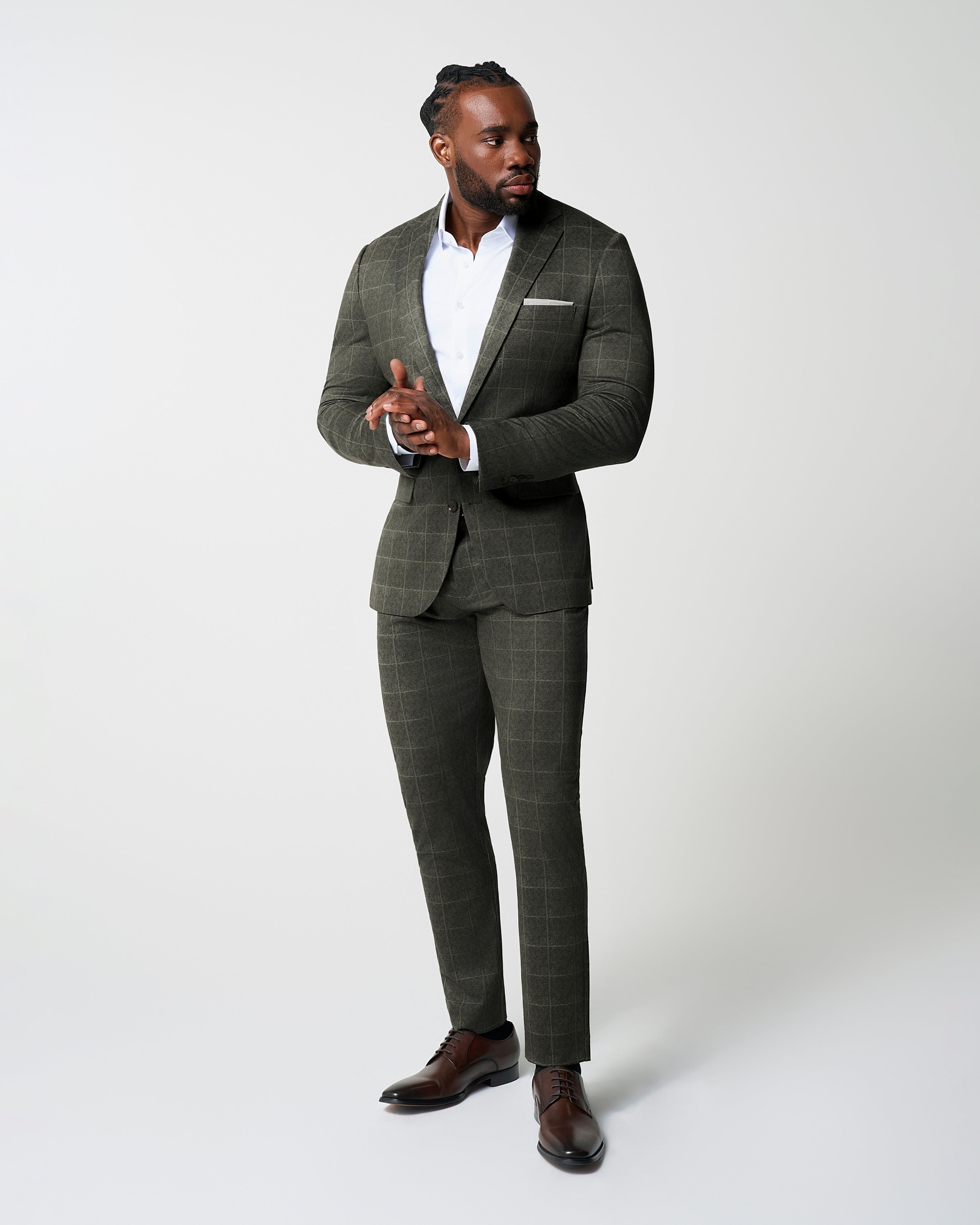 Athletic Fit Stretch Suit Pants - Olive with White Windowpane