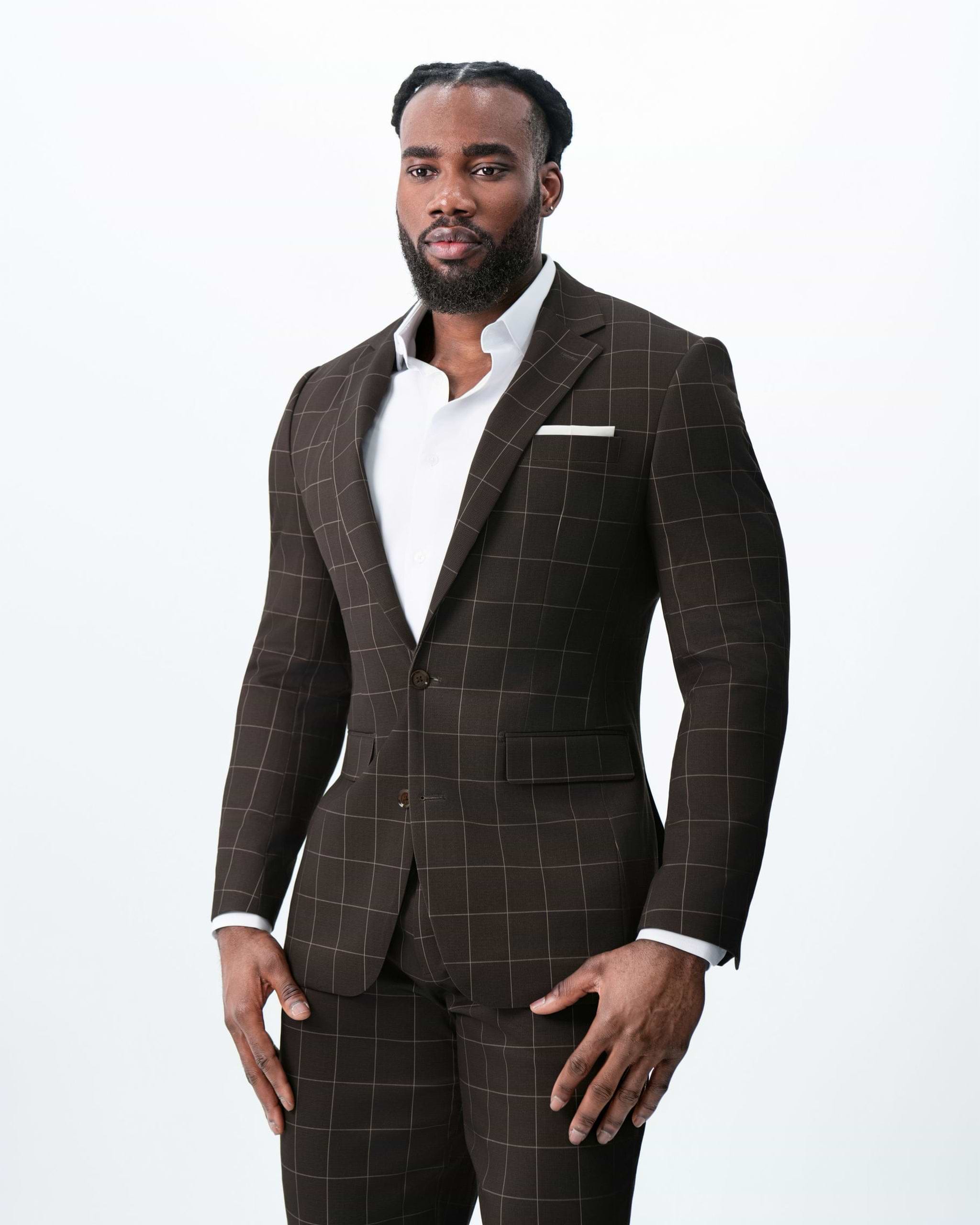 Athletic Fit Stretch Blazer - Brown & Tan Windowpane