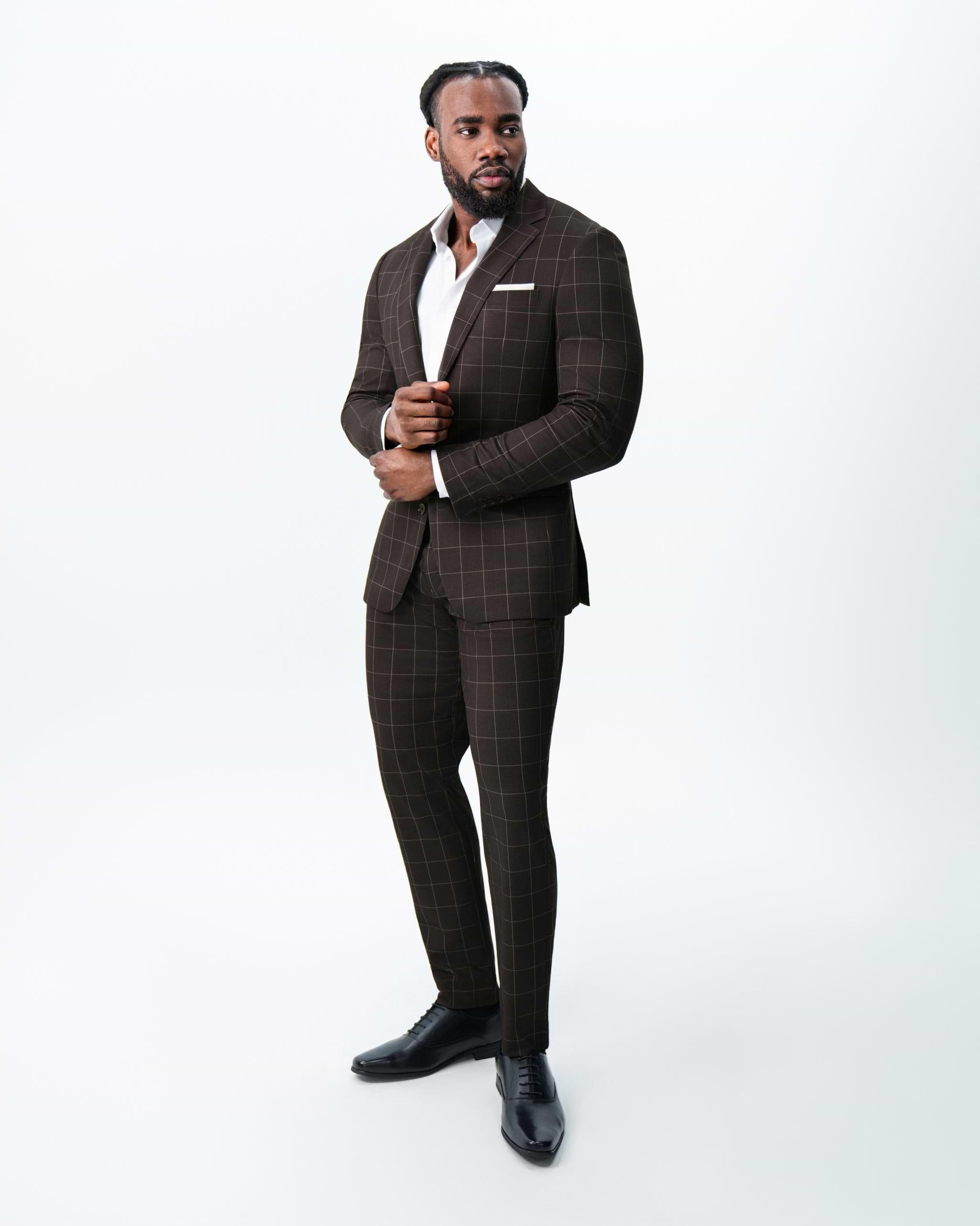 Athletic Fit Stretch Blazer - Brown & Tan Windowpane