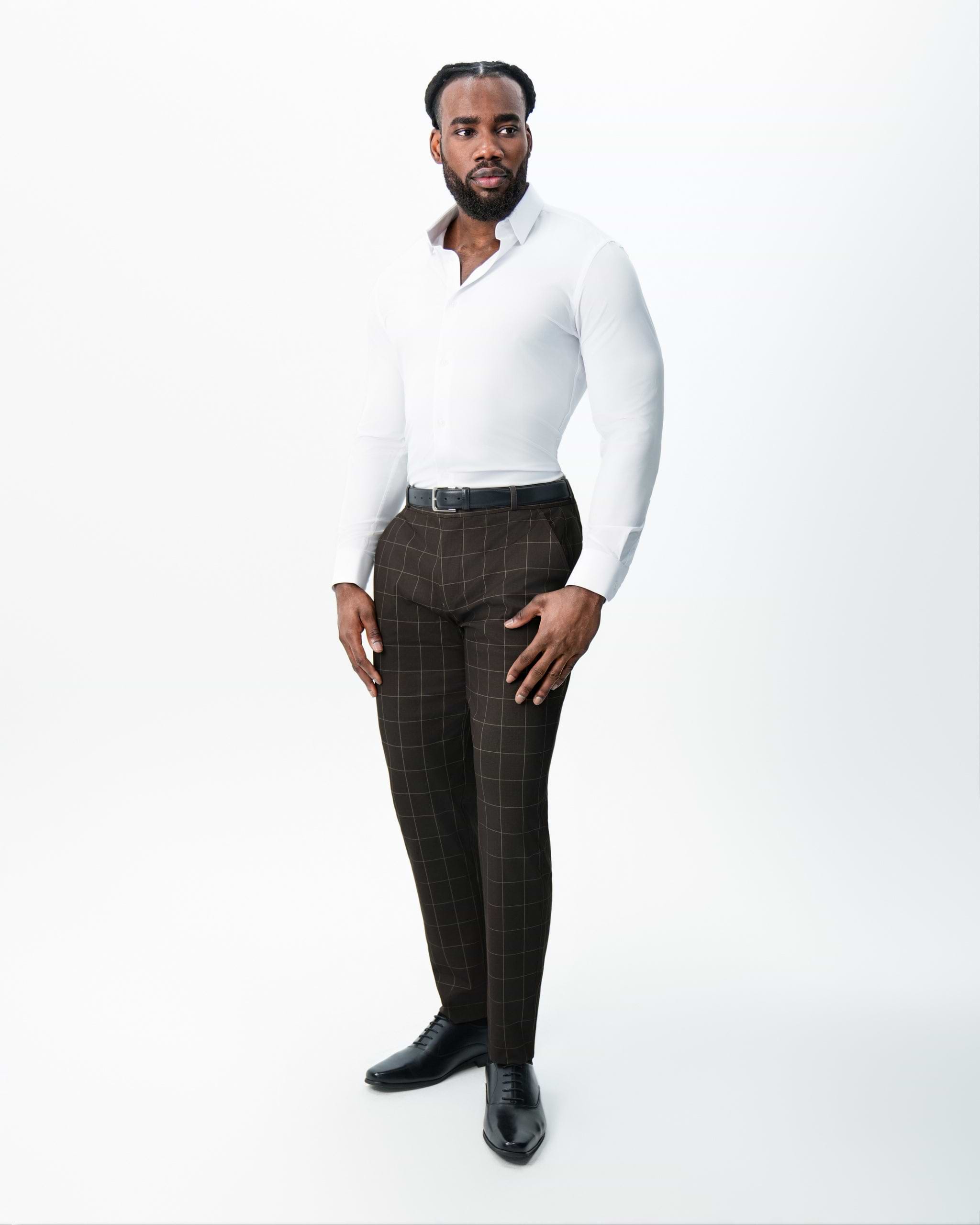 Athletic Fit Stretch Suit Pants - Brown & Tan Windowpane