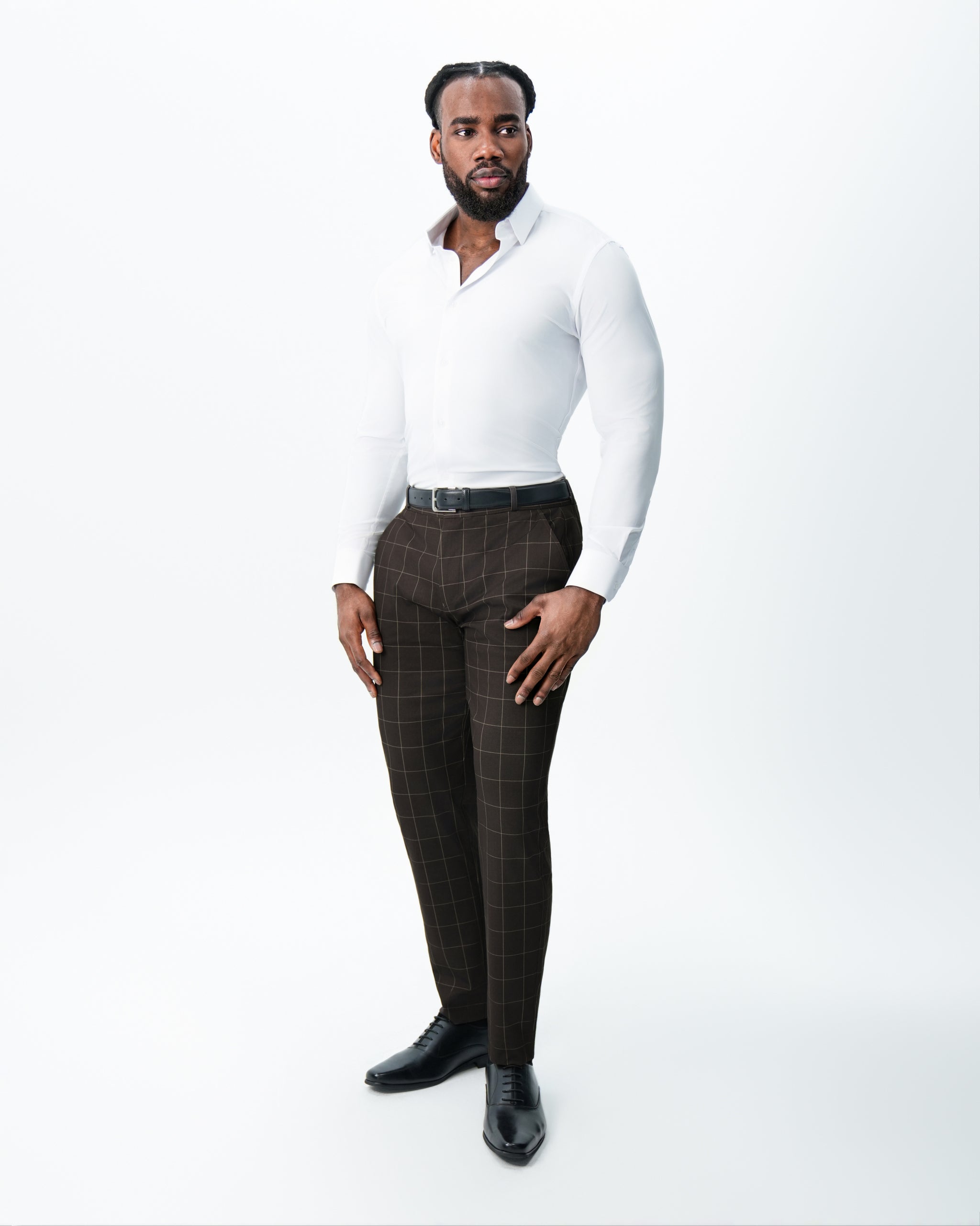 Athletic Fit Stretch Suit Pants - Brown & Tan Windowpane