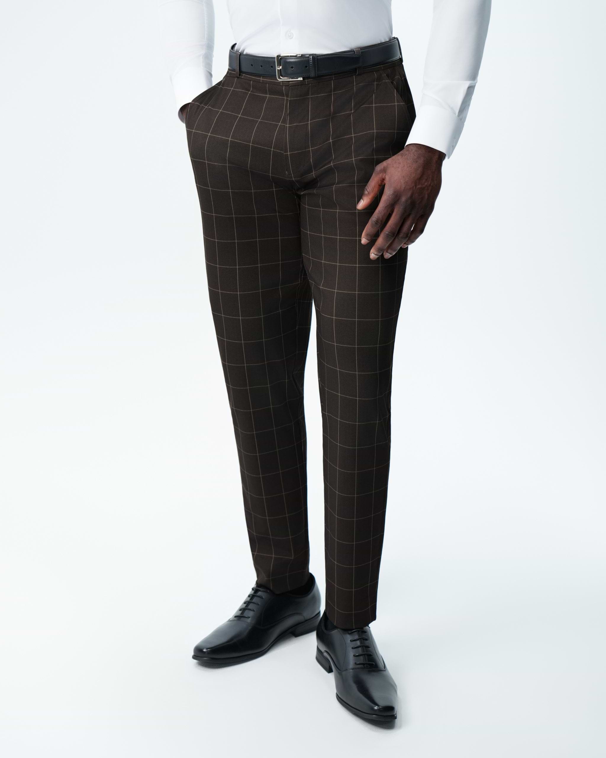 Athletic Fit Stretch Suit Pants - Brown & Tan Windowpane