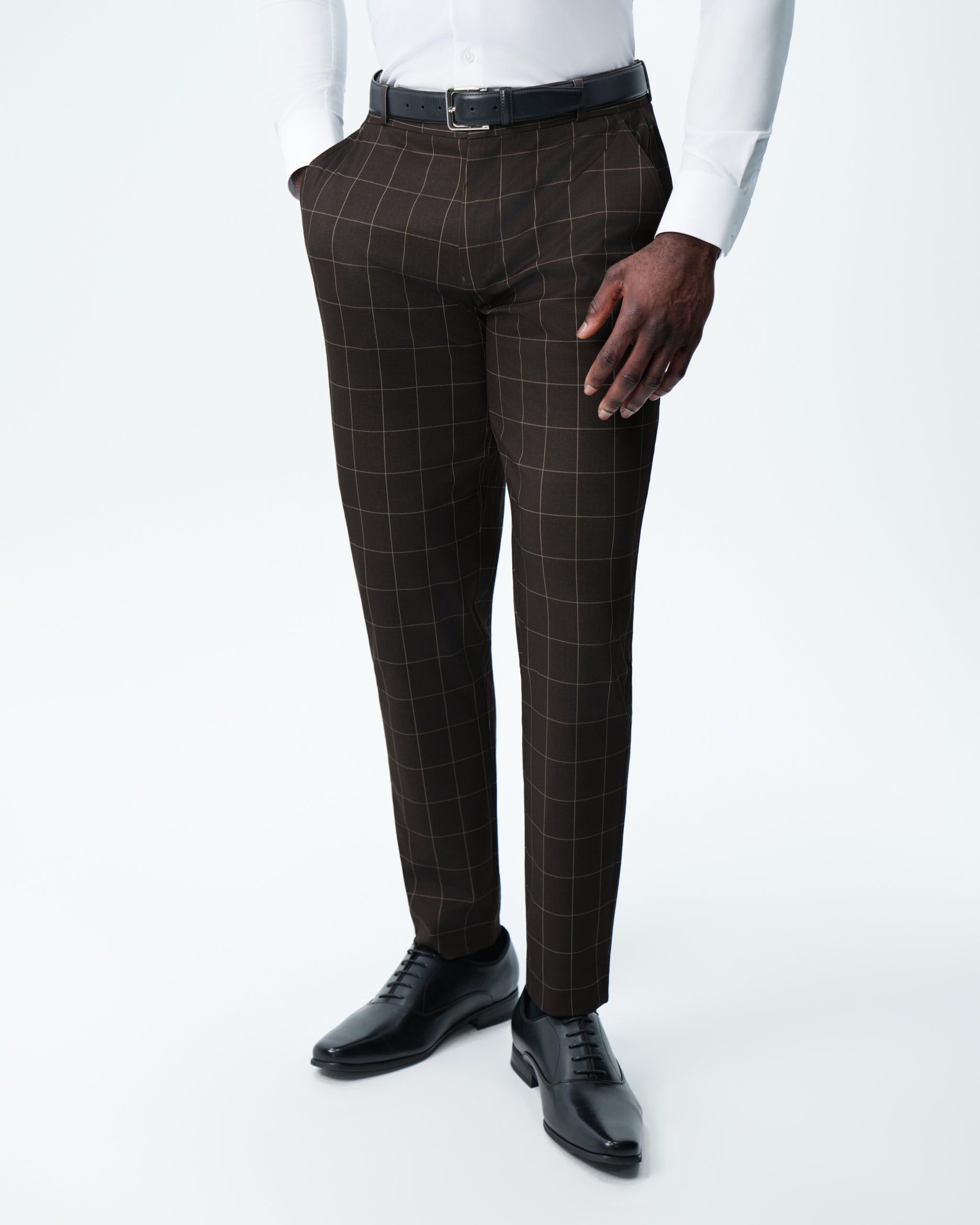Athletic Fit Stretch Suit Pants - Brown & Tan Windowpane