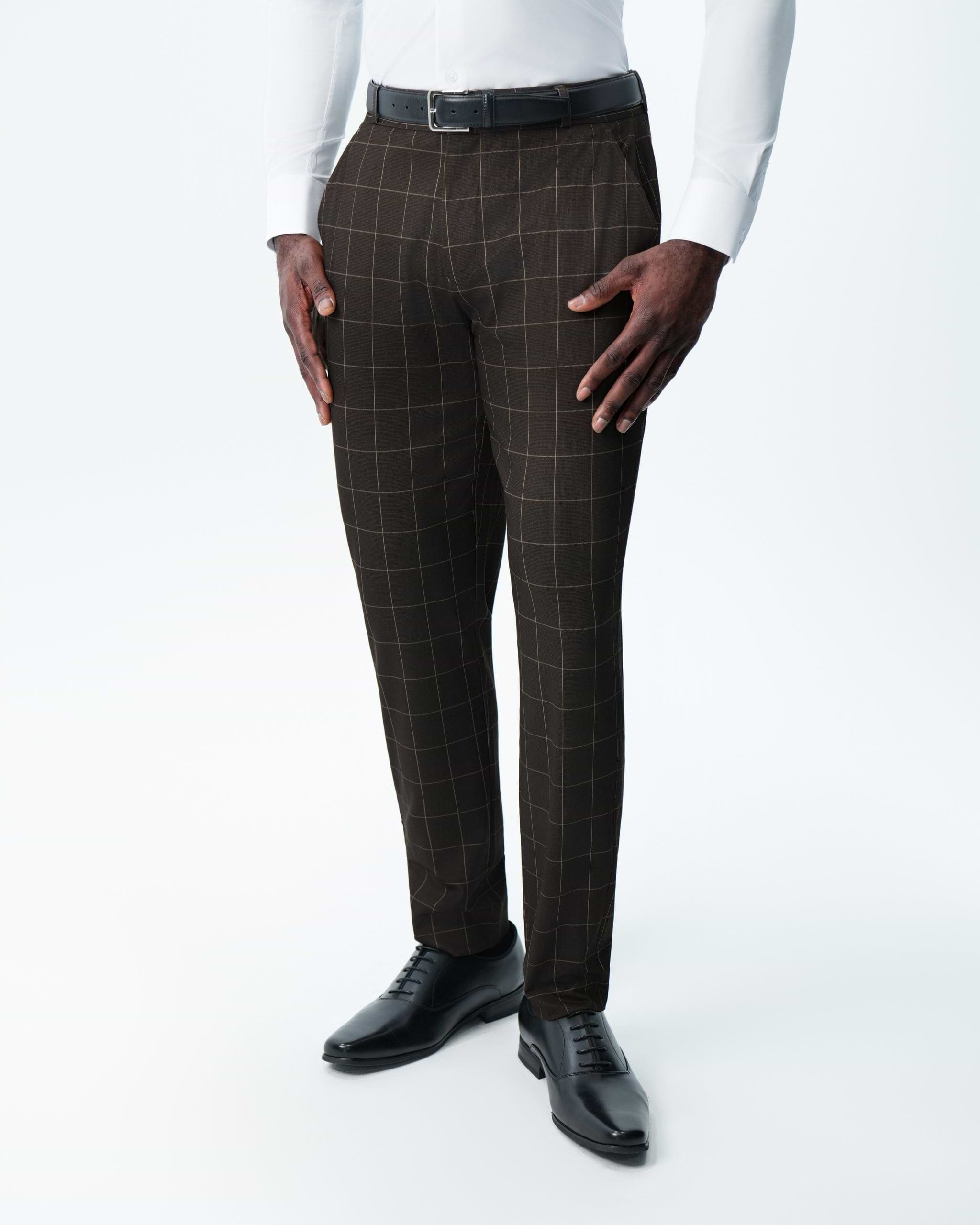 Athletic Fit Stretch Suit Pants - Brown & Tan Windowpane