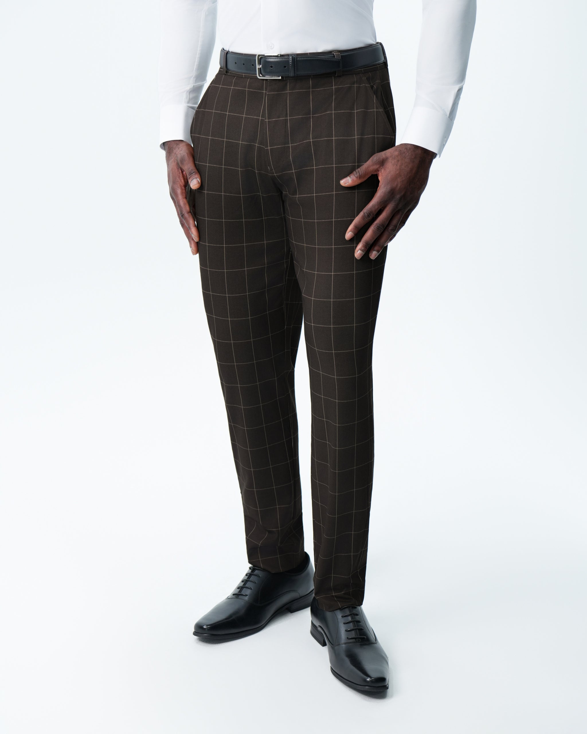 Athletic Fit Stretch Suit Pants - Brown & Tan Windowpane