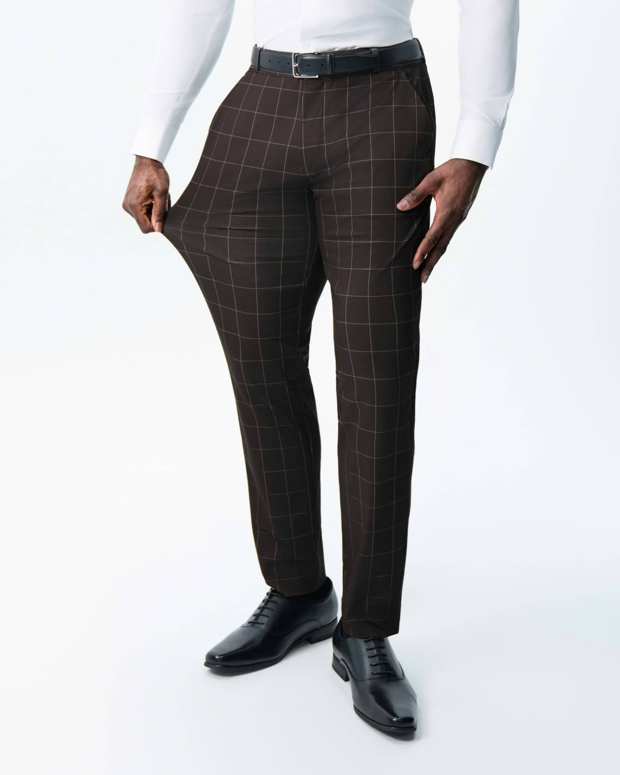 Athletic Fit Stretch Suit Pants - Brown & Tan Windowpane