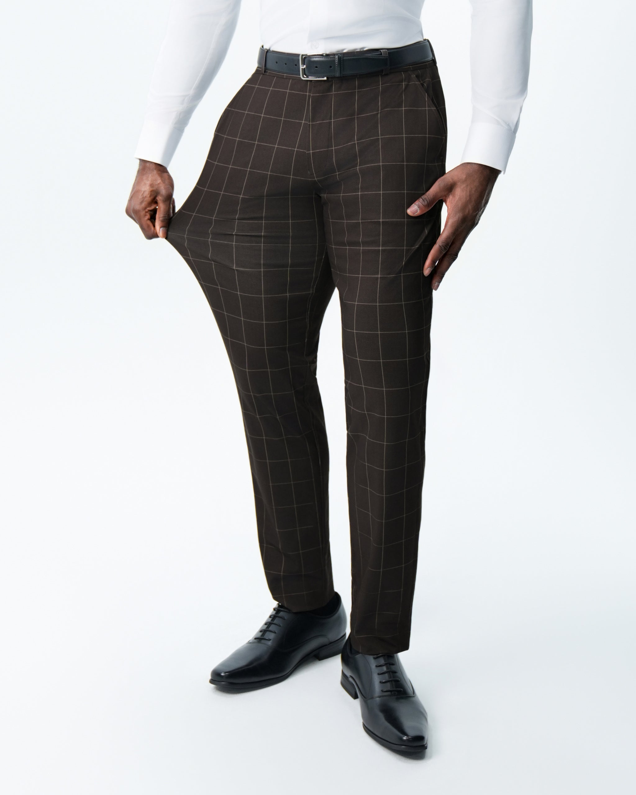 Athletic Fit Stretch Suit Pants - Brown & Tan Windowpane