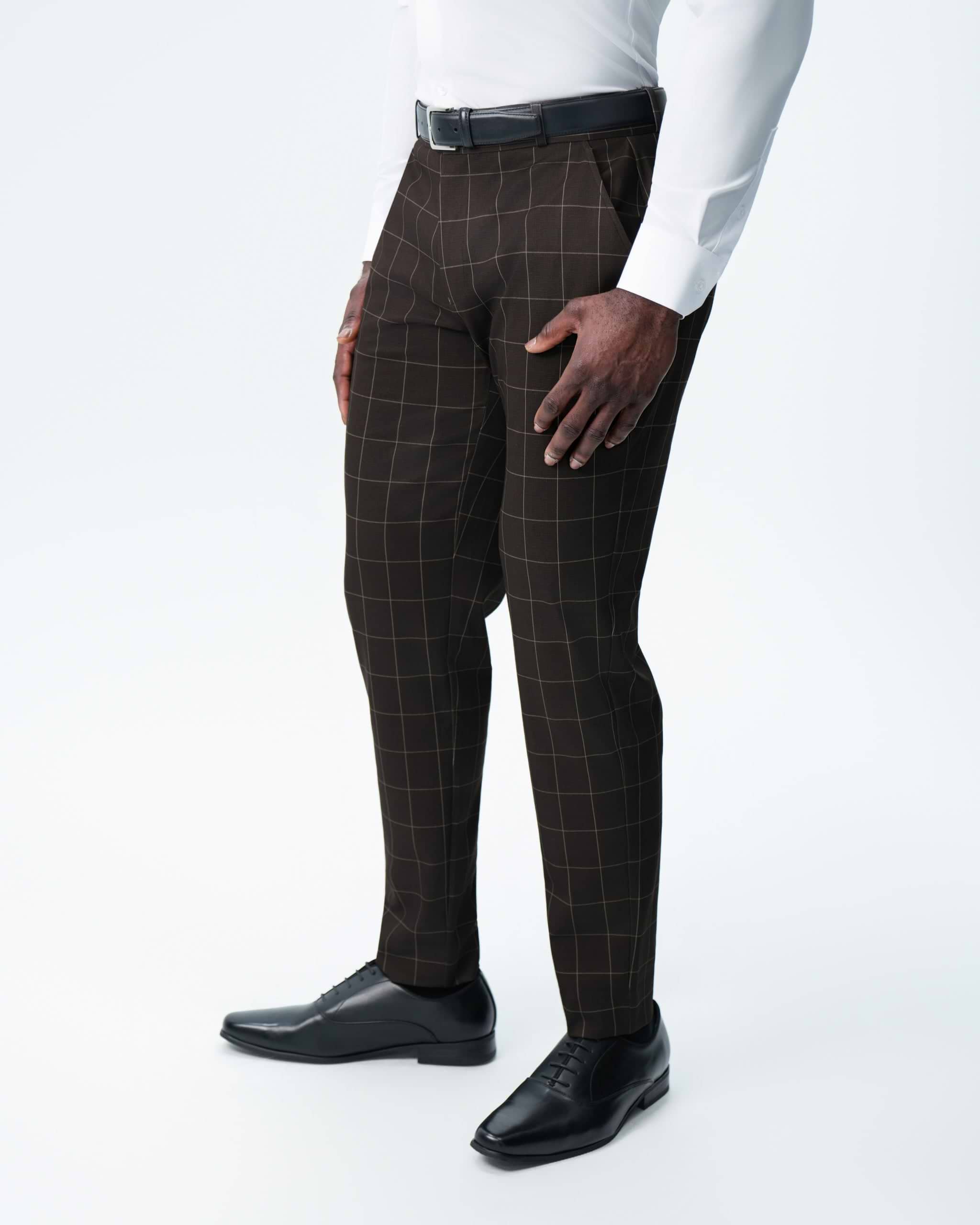 Athletic Fit Stretch Suit Pants - Brown & Tan Windowpane