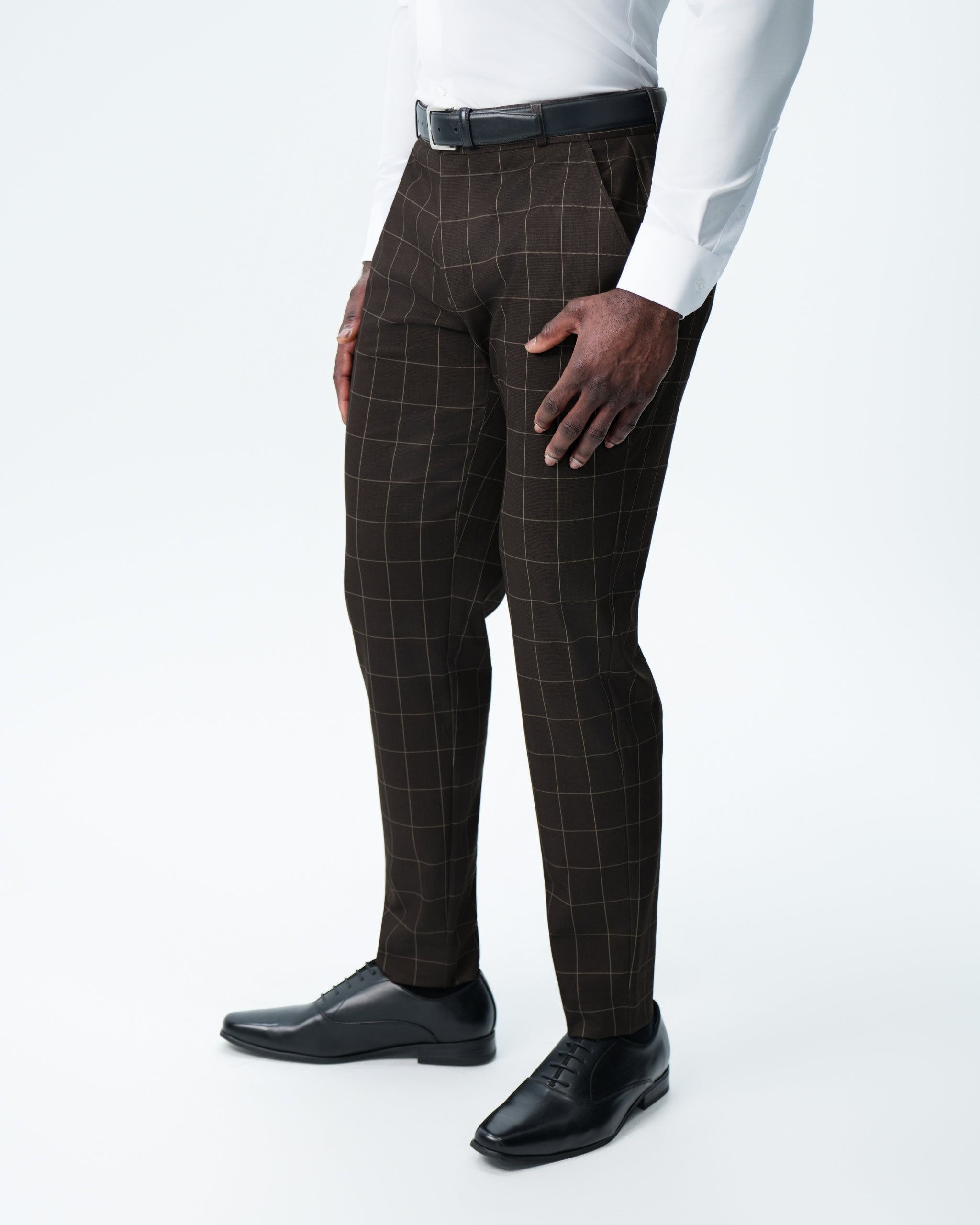 Athletic Fit Stretch Suit Pants - Brown & Tan Windowpane