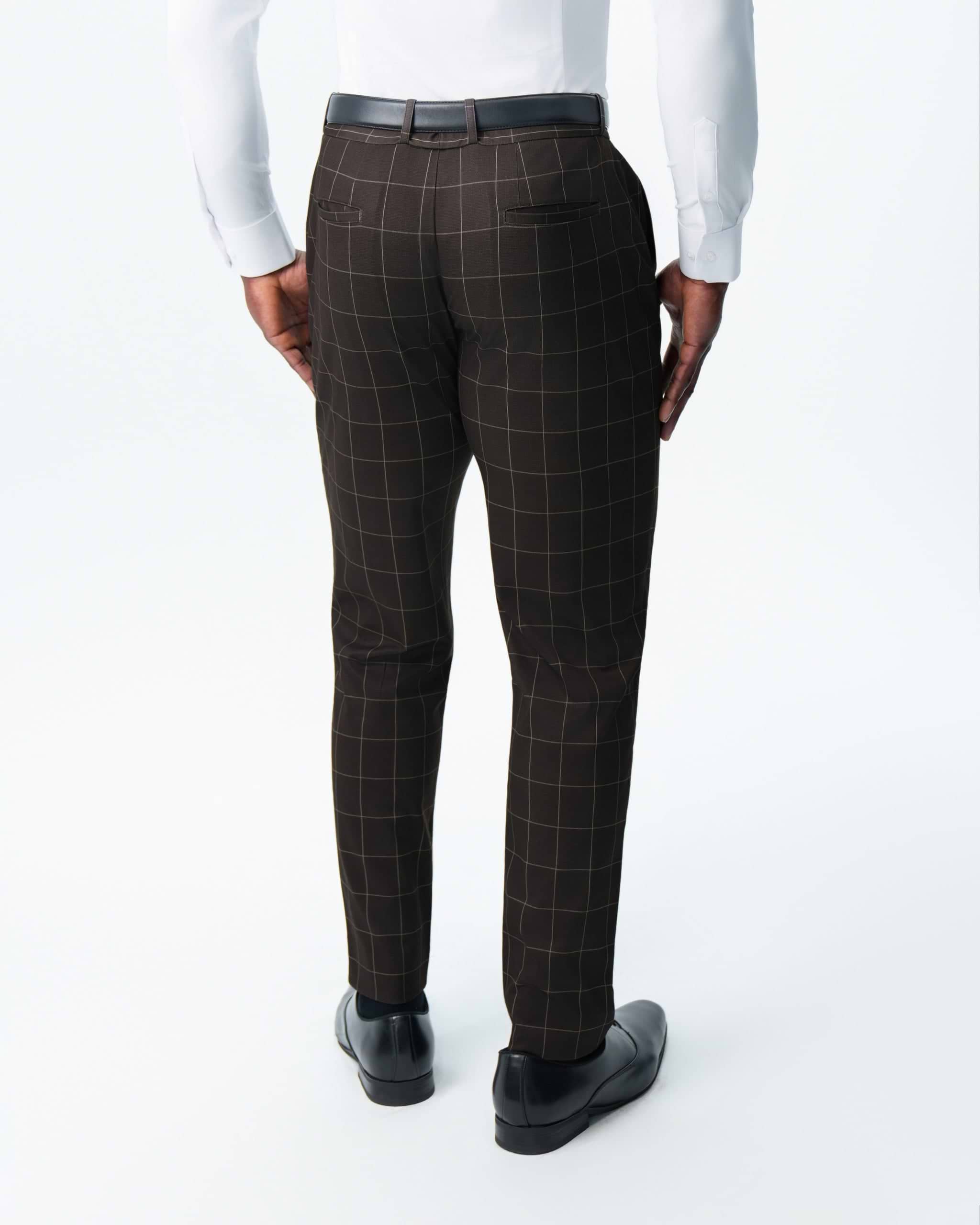 Athletic Fit Stretch Suit Pants - Brown & Tan Windowpane