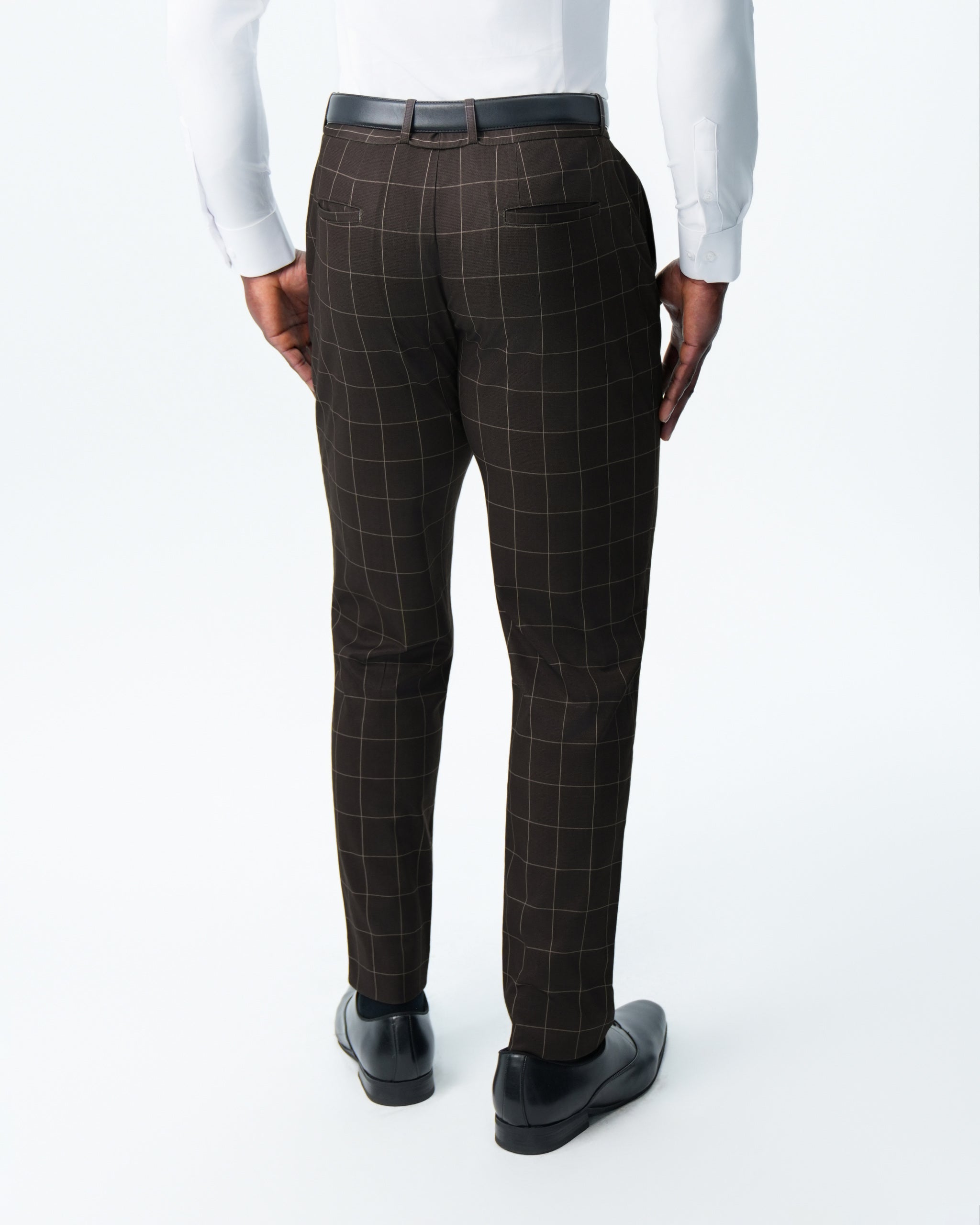 Athletic Fit Stretch Suit Pants - Brown & Tan Windowpane