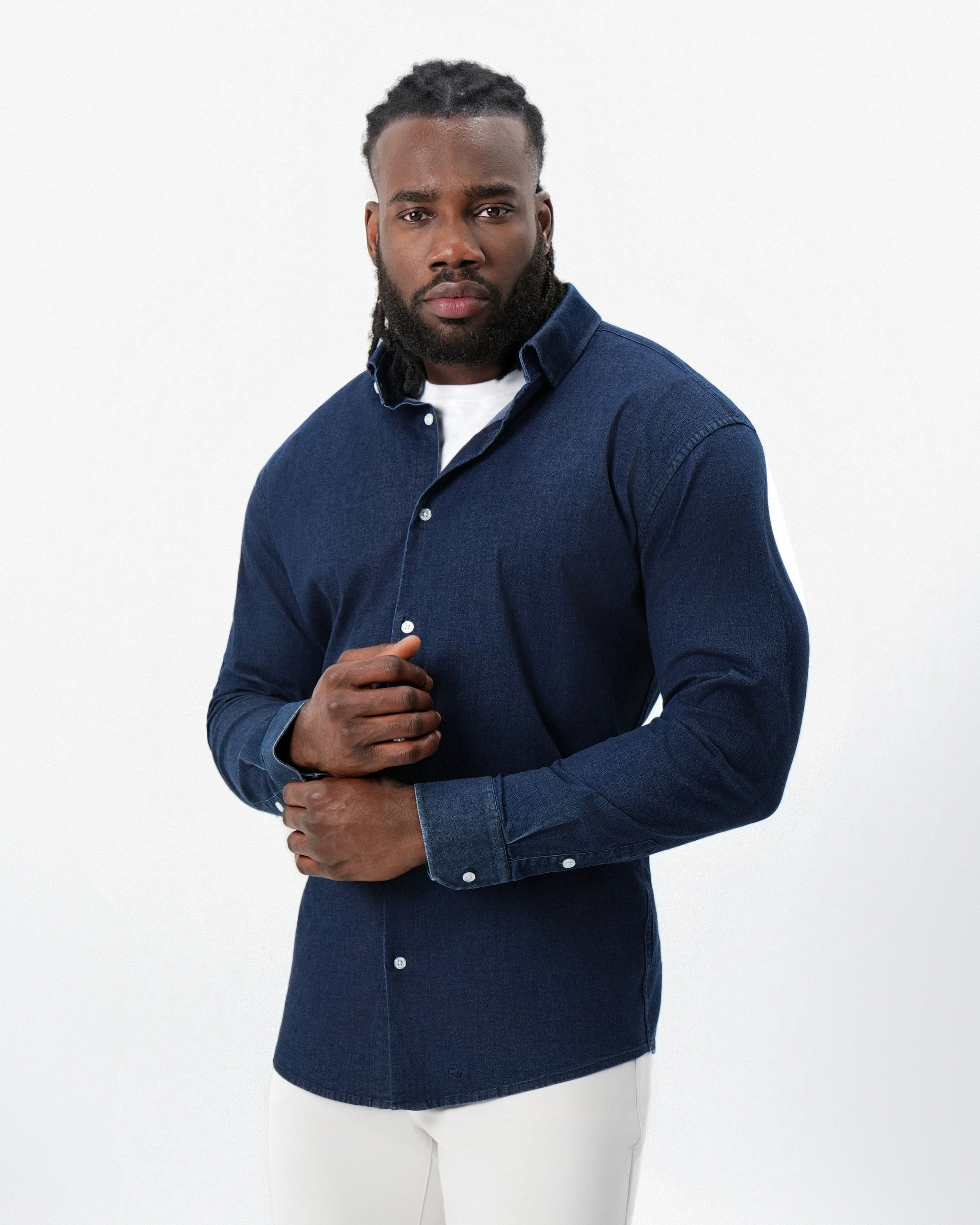 Cotton Denim Dress Shirt - Navy