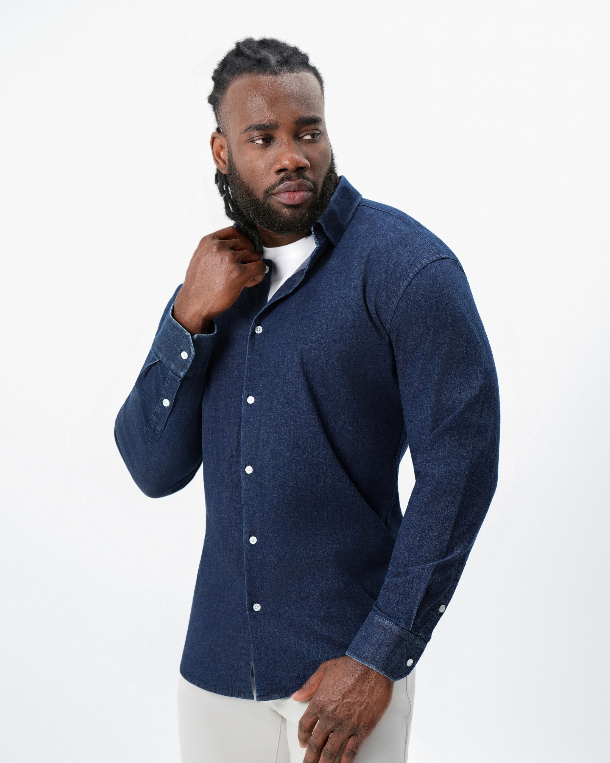 Cotton Denim Dress Shirt - Navy