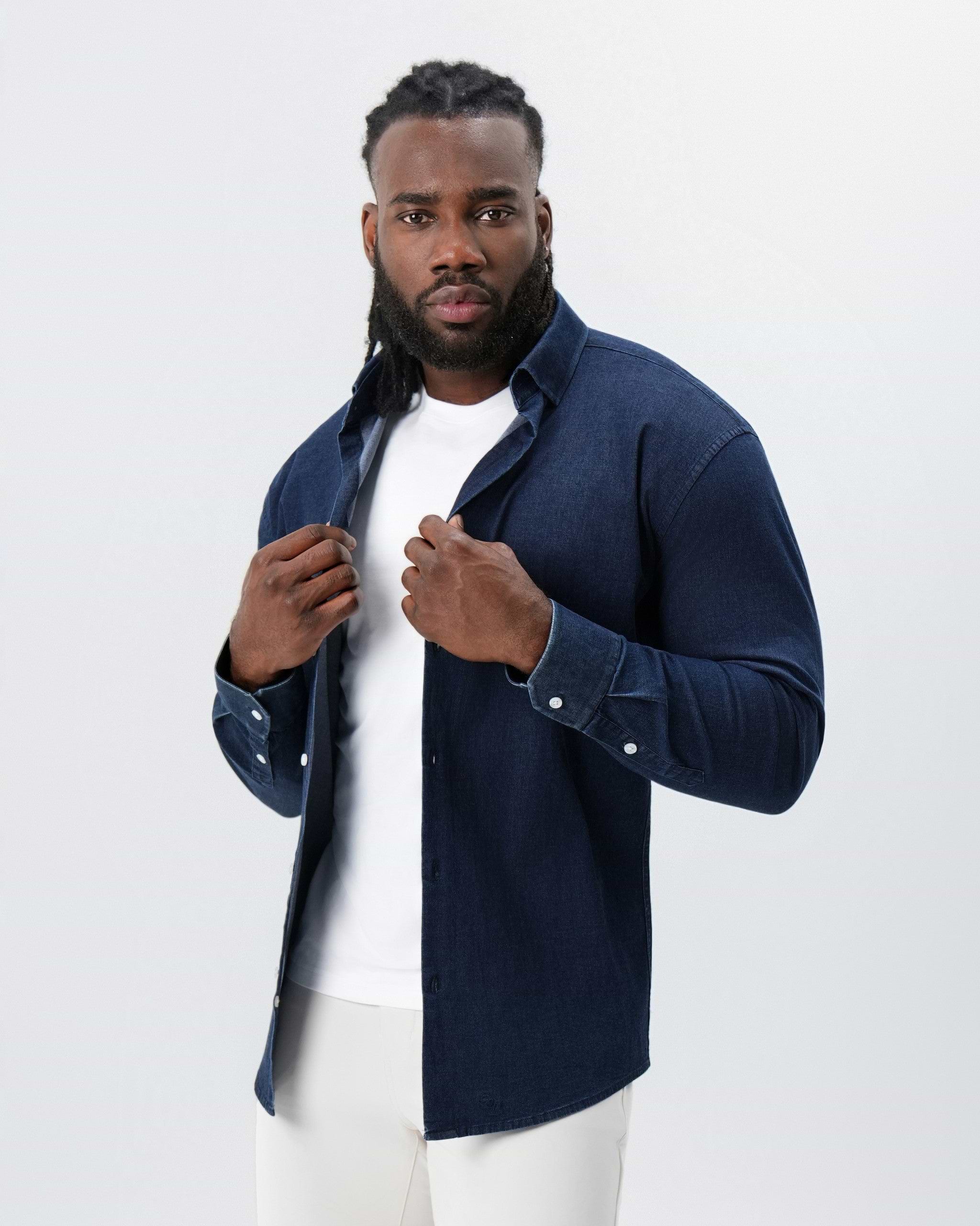 Cotton Denim Dress Shirt - Navy