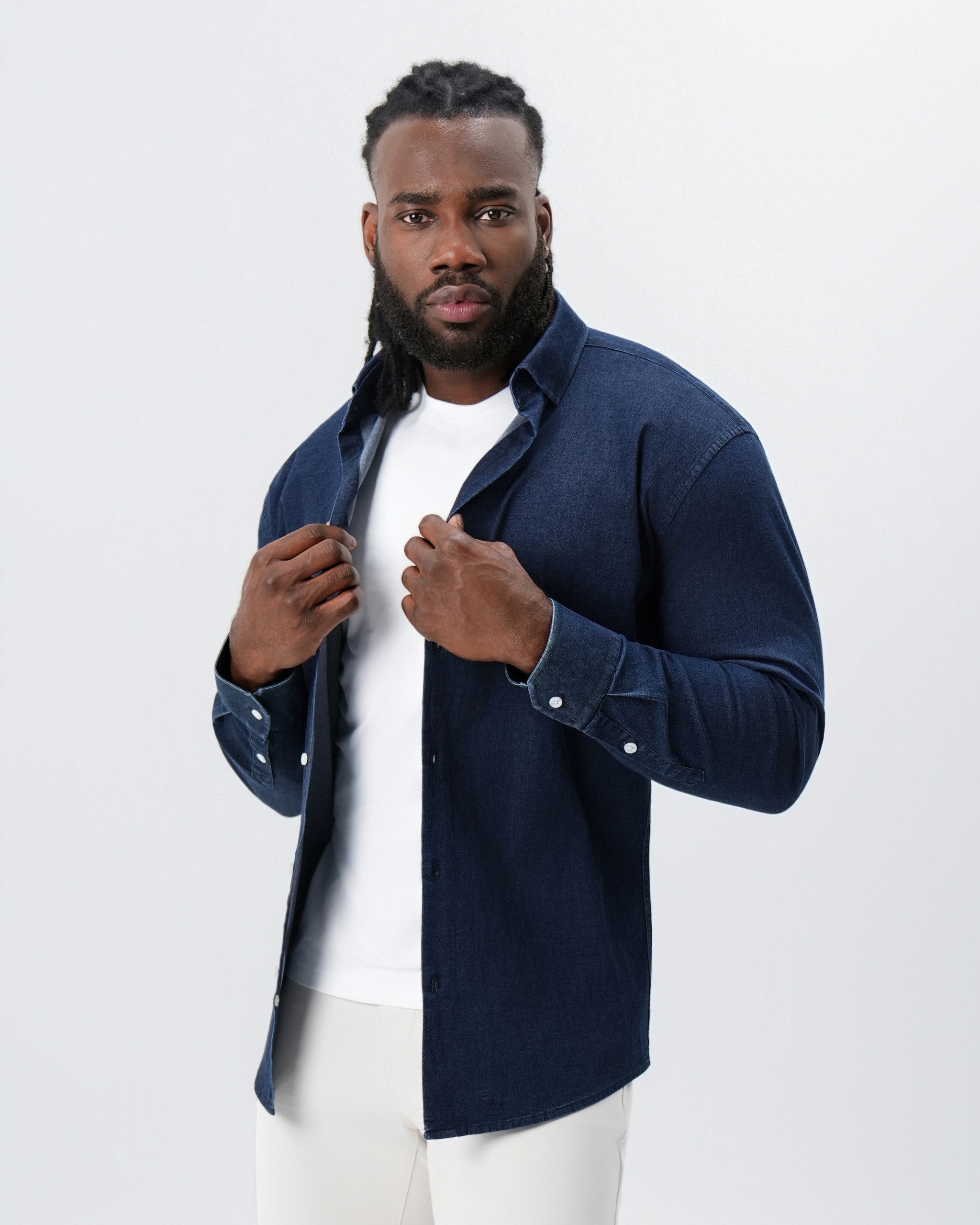 Cotton Denim Dress Shirt - Navy