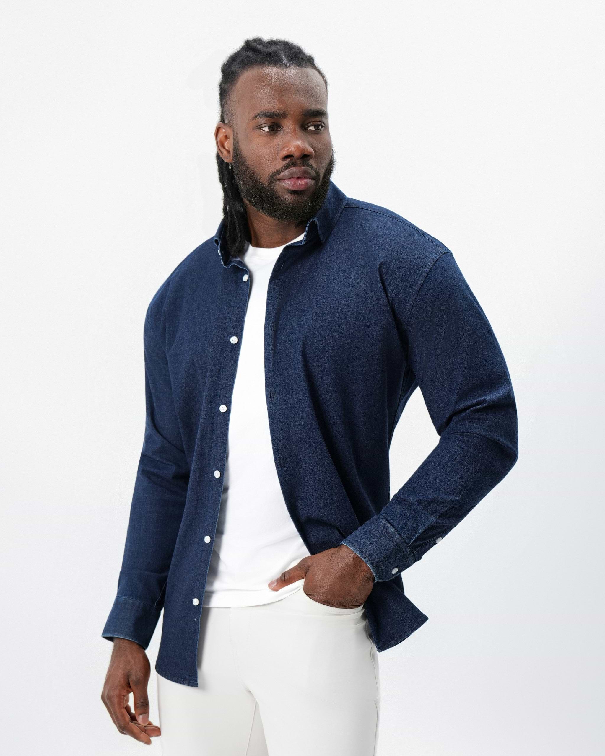 Cotton Denim Dress Shirt - Navy