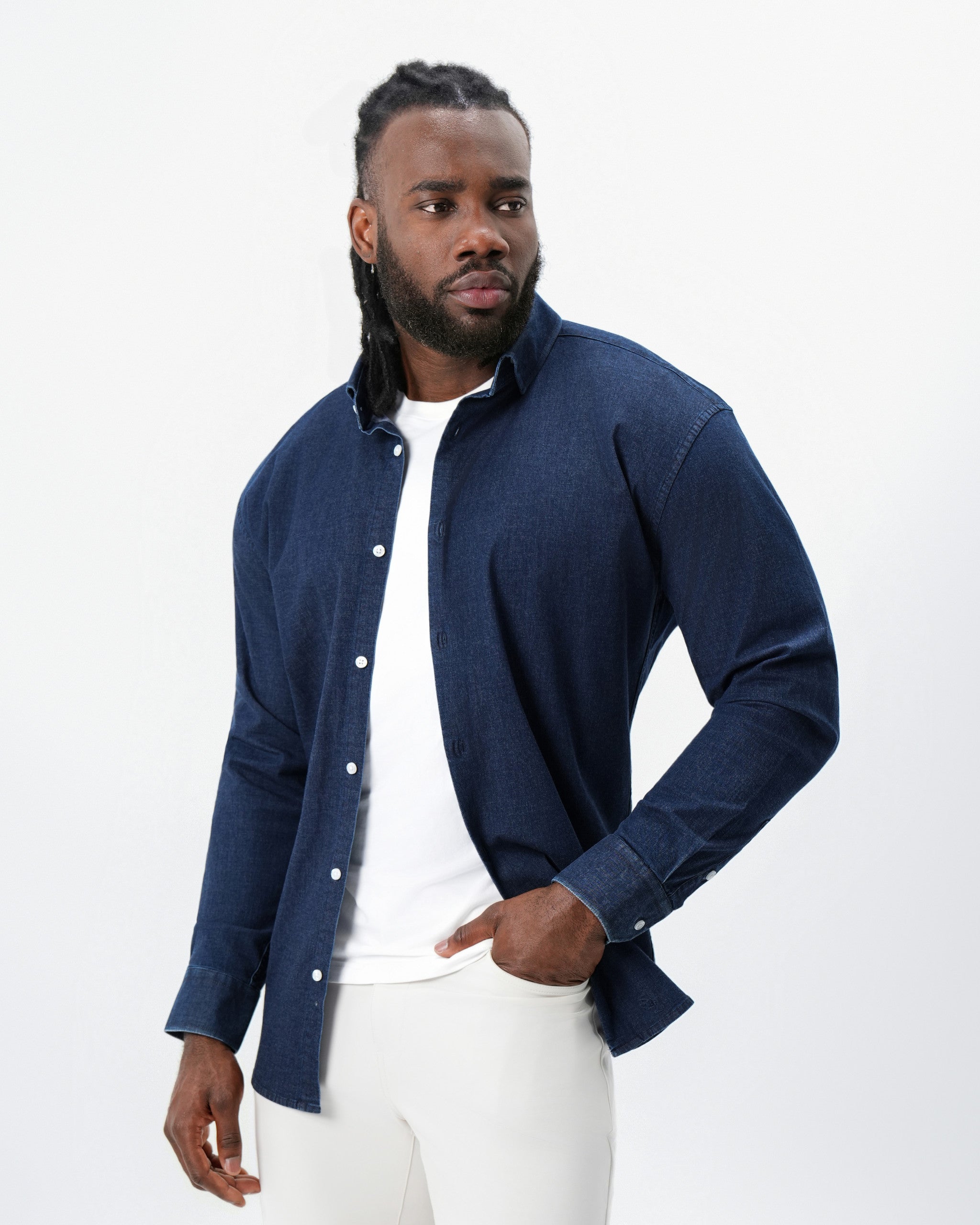 Cotton Denim Dress Shirt - Navy