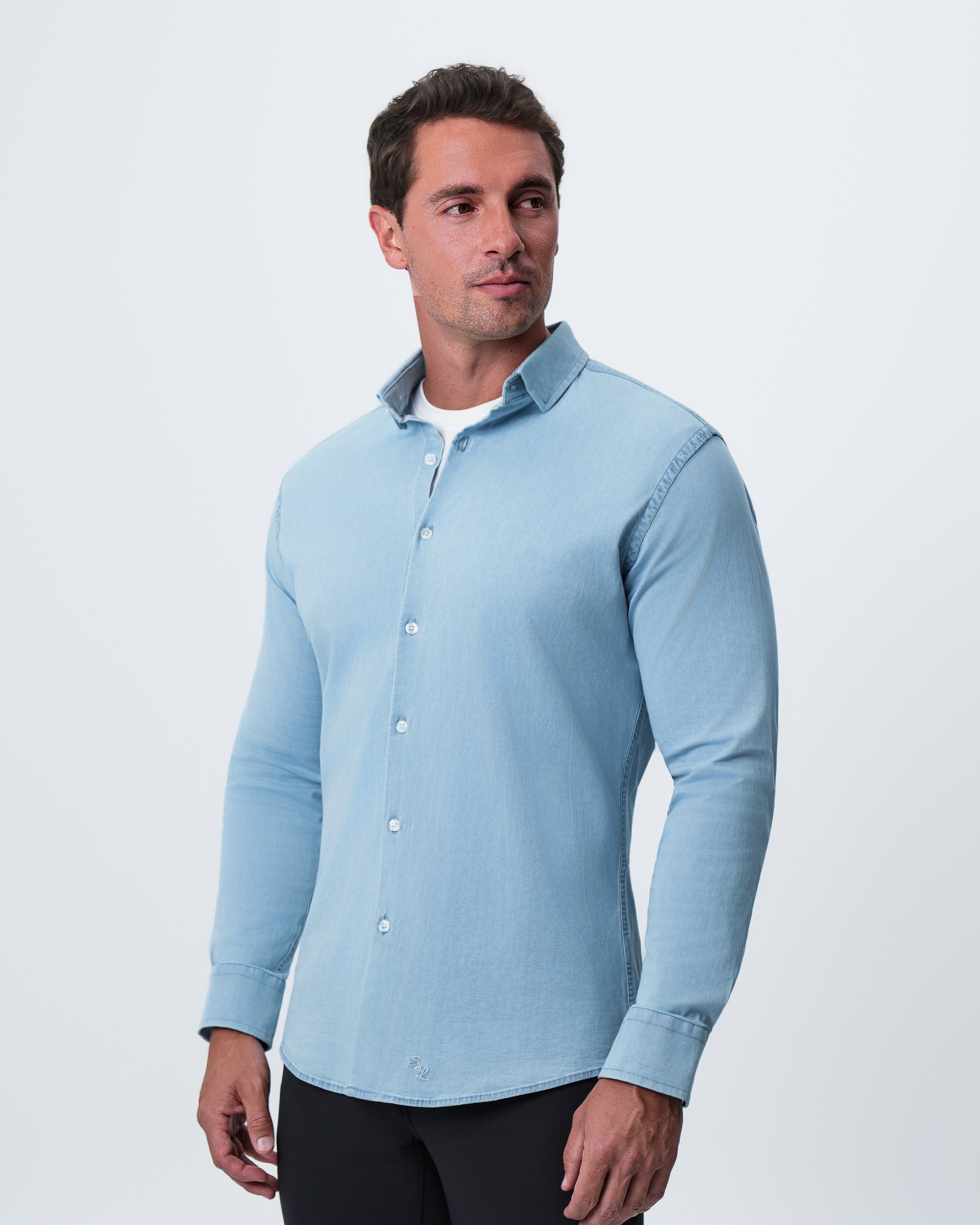 Cotton Denim Dress Shirt - Light Blue