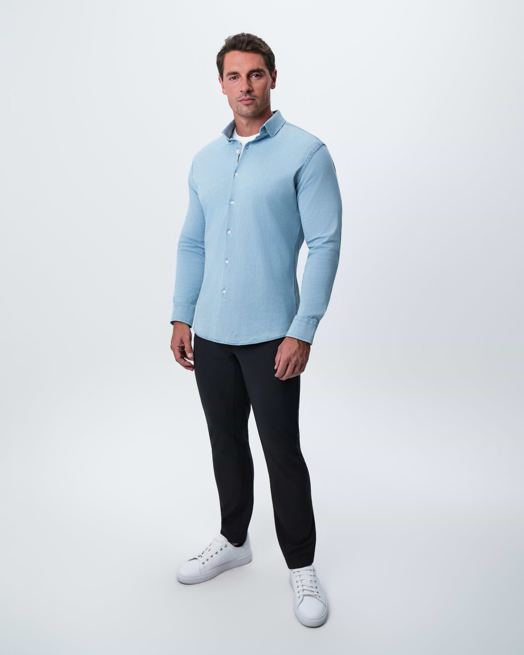 Cotton Denim Dress Shirt - Light Blue