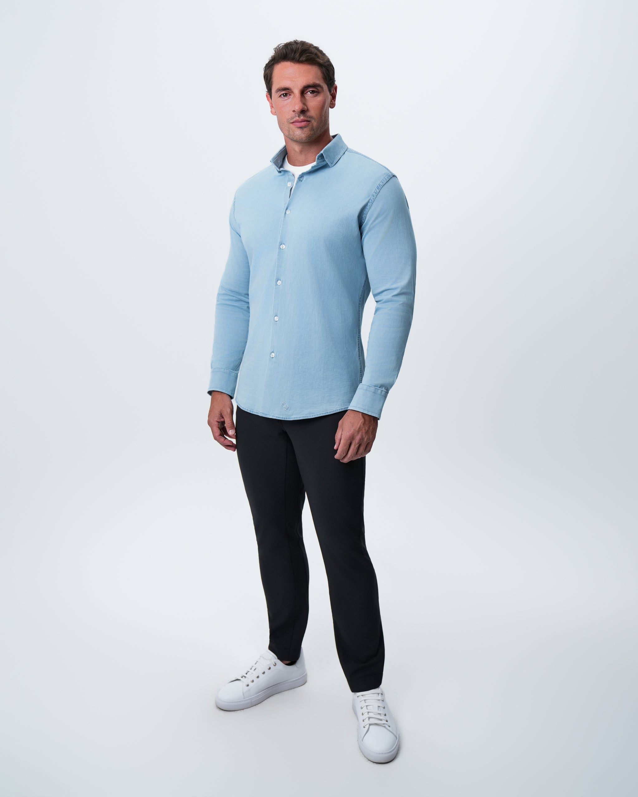Cotton Denim Dress Shirt - Light Blue