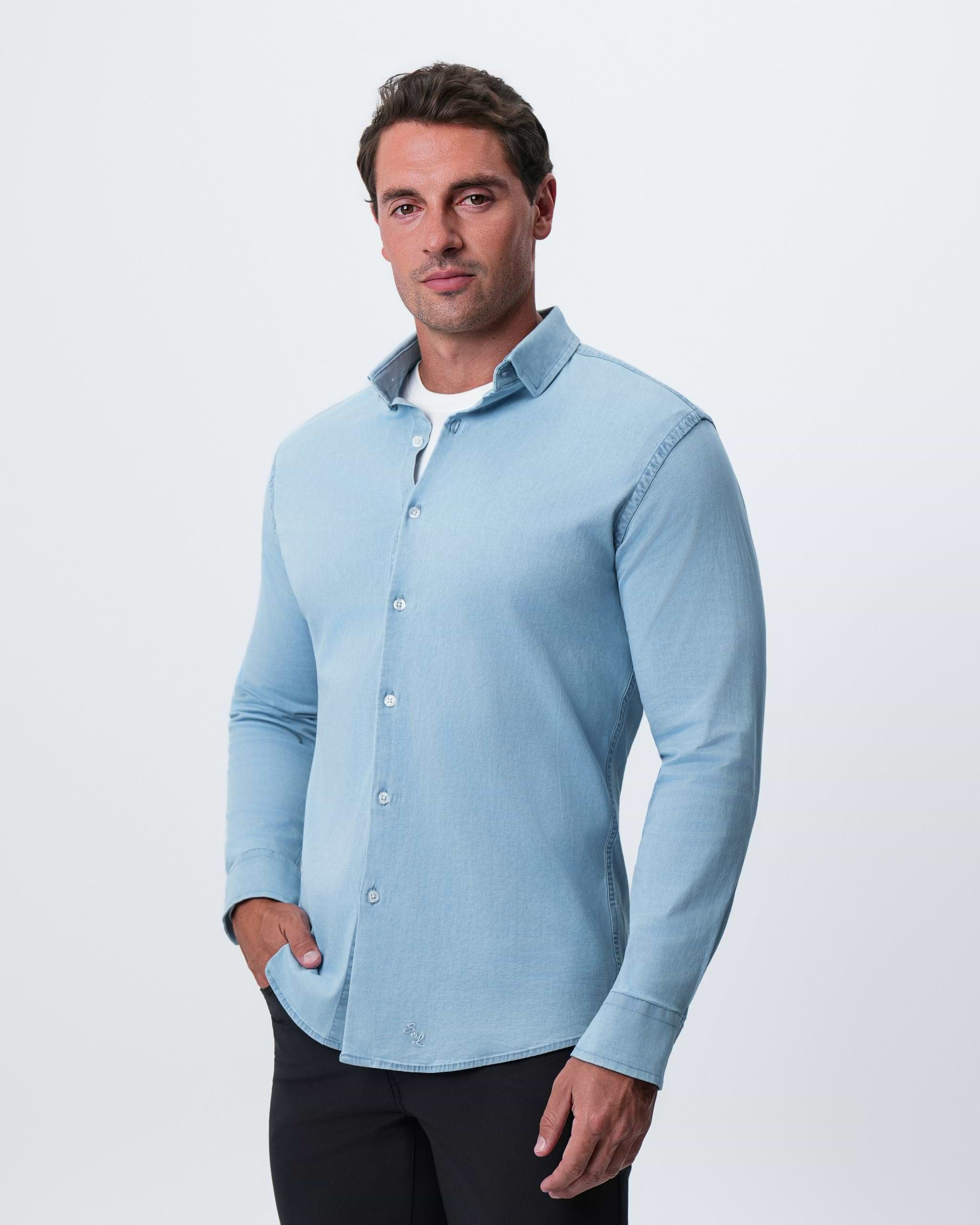 Cotton Denim Dress Shirt - Light Blue
