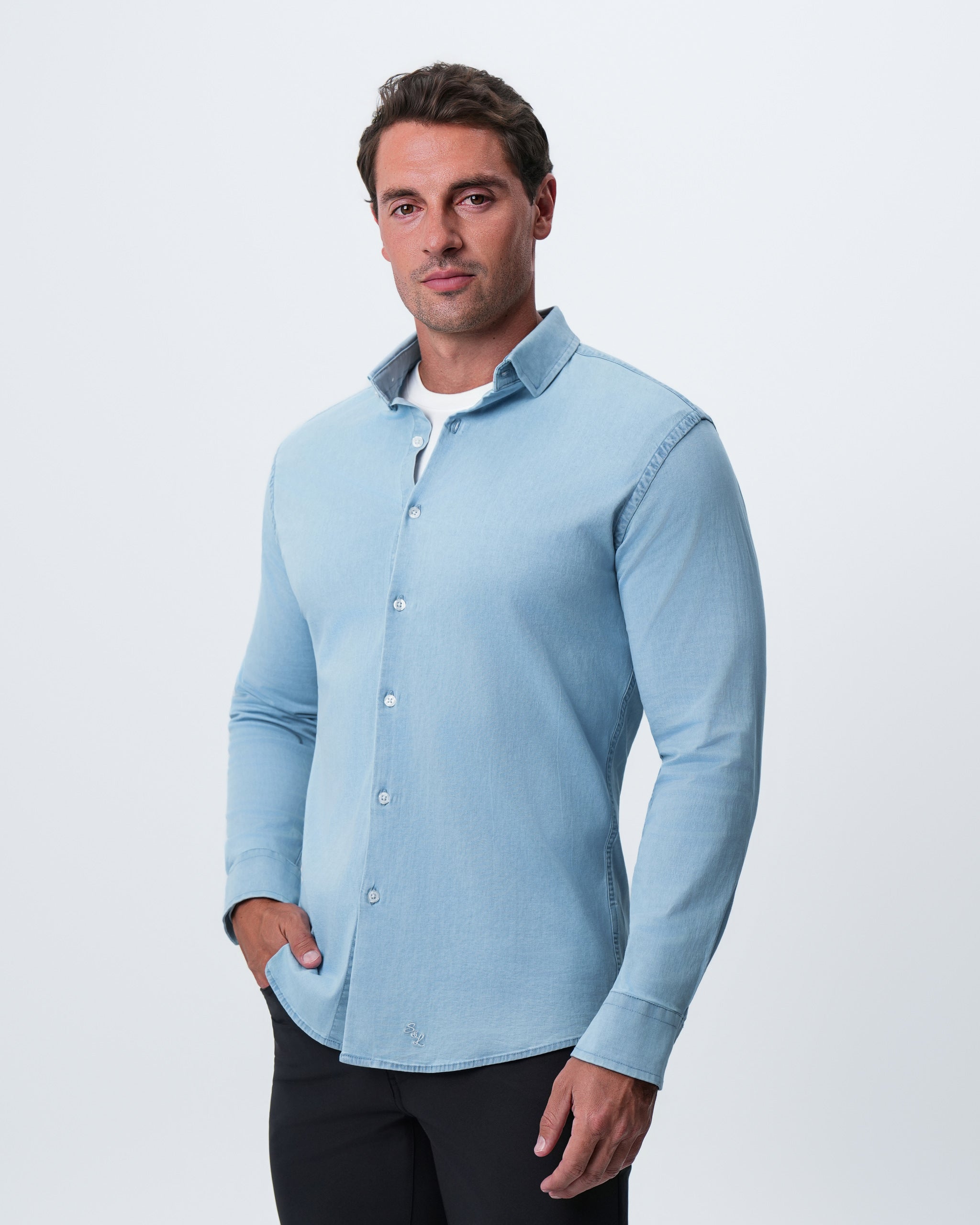 Cotton Denim Dress Shirt - Light Blue