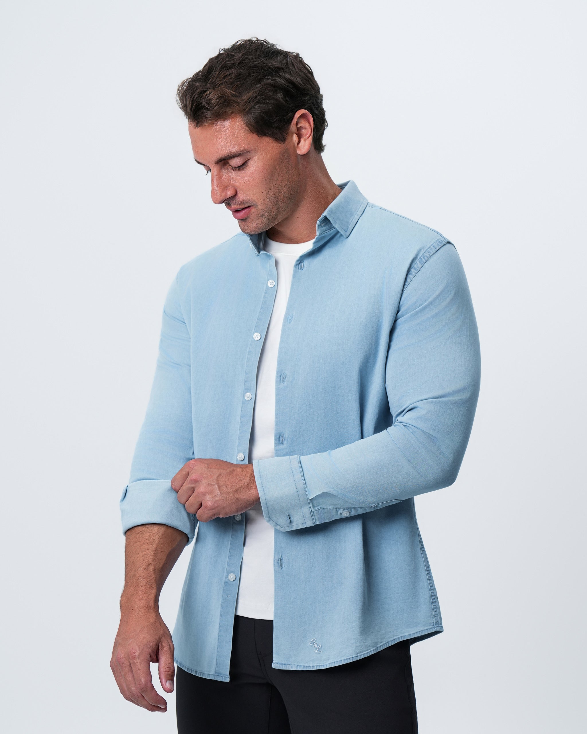 Cotton Denim Dress Shirt - Light Blue