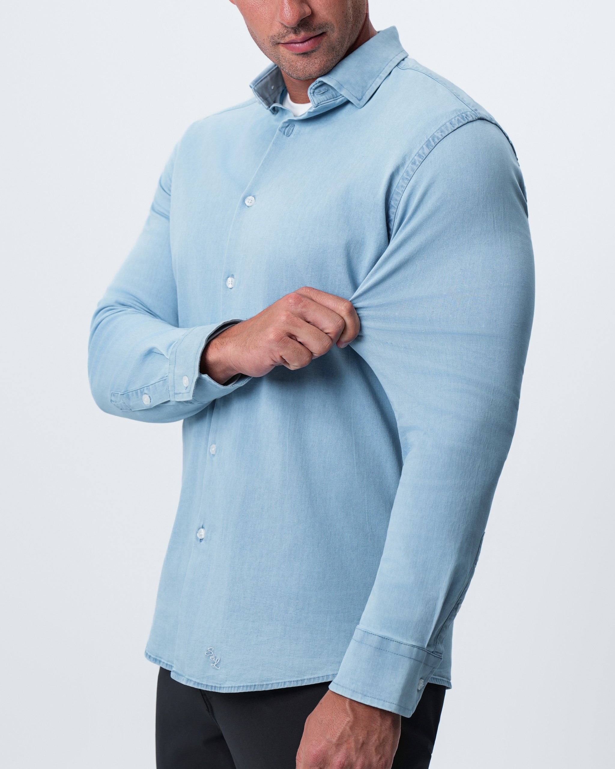 Cotton Denim Dress Shirt - Light Blue